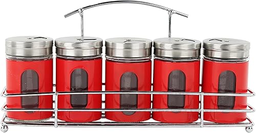Estante para especias con 5 saleros y pimientos, tarros de especias de cristal retro, color rojo