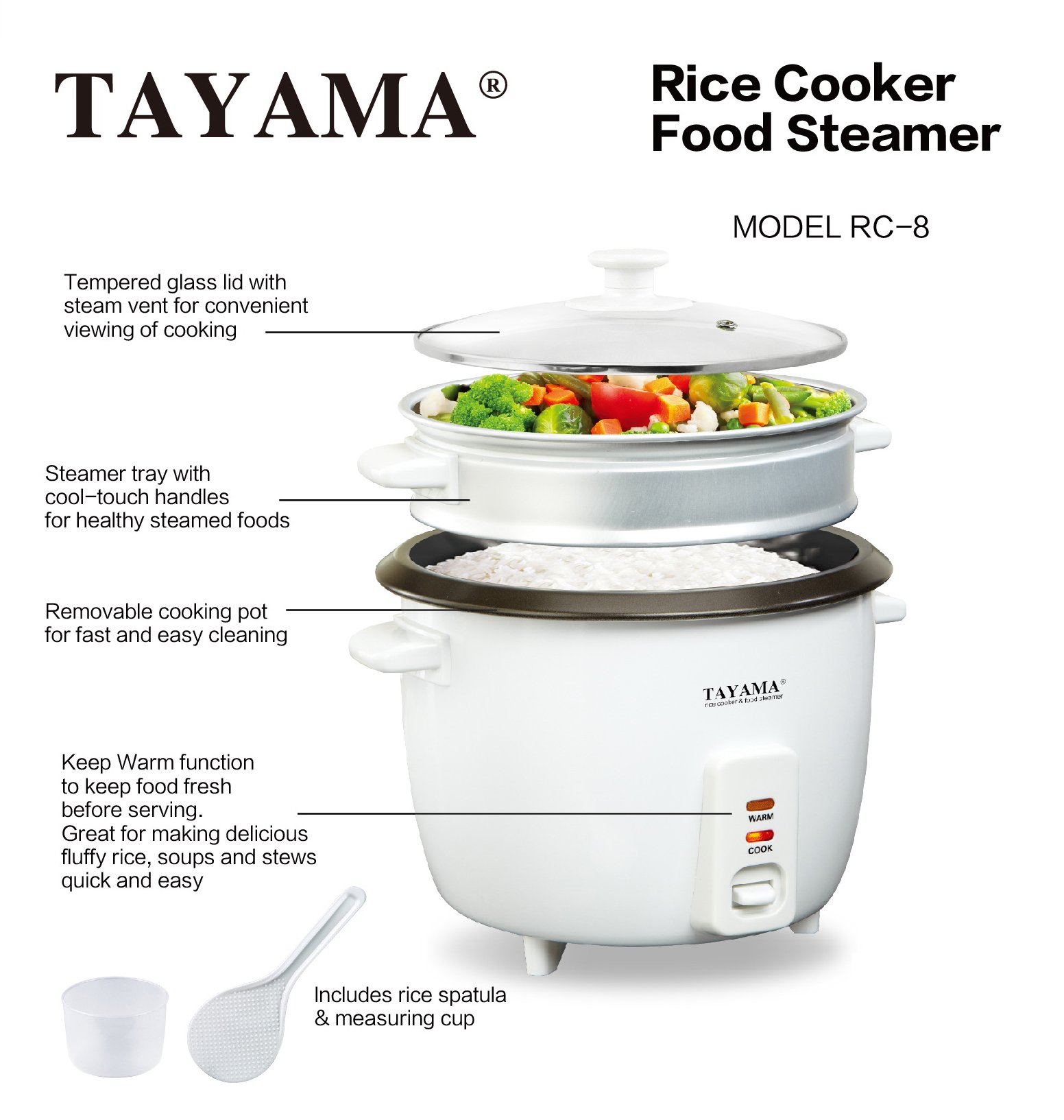 Tayama Automatic Rice Cooker & Food Steamer – 5 Cup (Uncooked) Capacity, Non-Stick Pot, Keep Warm Function, Includes Steamer Tray