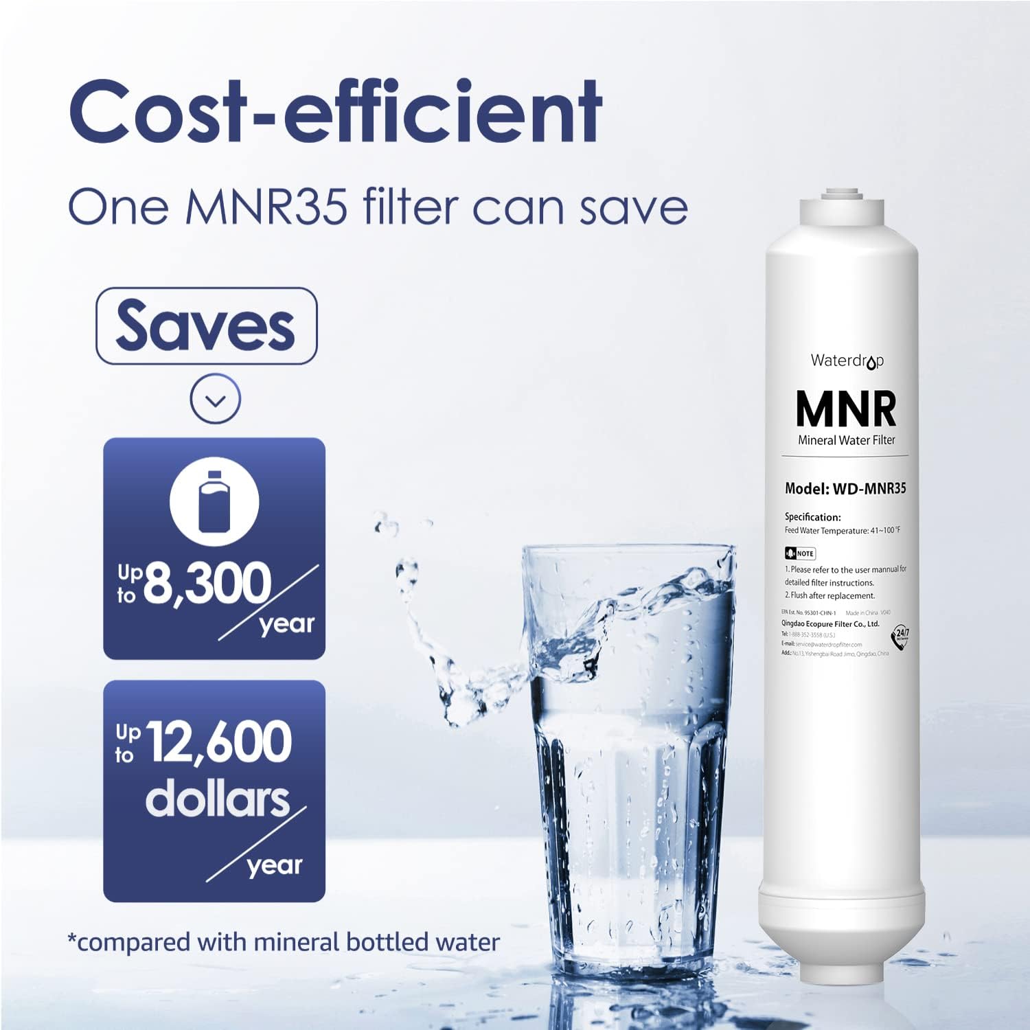 Waterdrop Remineralization Filter for RO System With WD-G2FCT-CHR Drinking Water Faucet, RO Remineralization, Mineral Filter, 1/4'' Quick Connect Post Filter for Reverse Osmosis System
