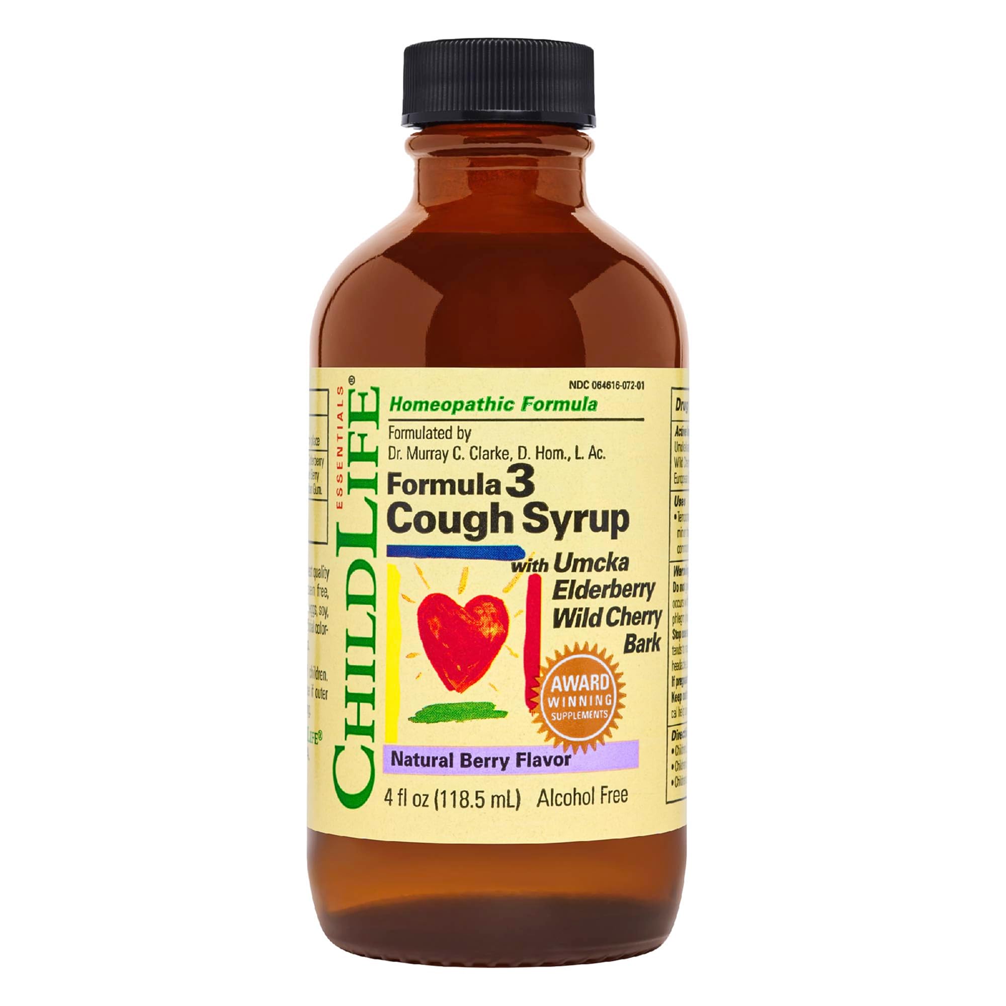 CHILDLIFE ESSENTIALS Formula 3 Kids Cough Syrup - Children's Cough Medicine for Kids 2-11, with Umcka, Elderberry & Wild Cherry Bark, Gluten Free - Natural Berry, 4 Fl Oz