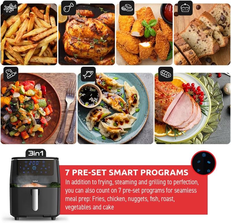 Cooked meat on the die-cast aluminum grill plate of the Tefal air fryer