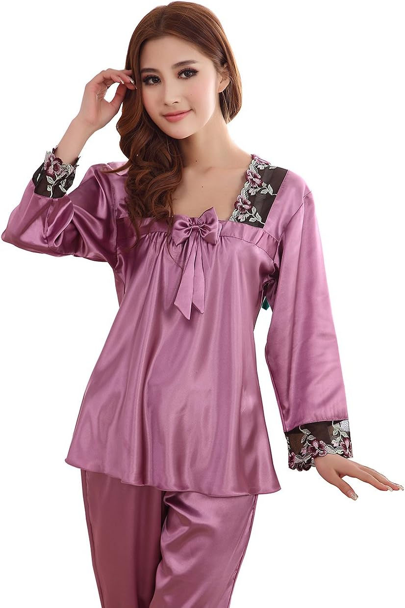 FAPIR Women Satin Silk Long Sleeve Sleepwear Nightwear Pajama Set(XXXL) Purple