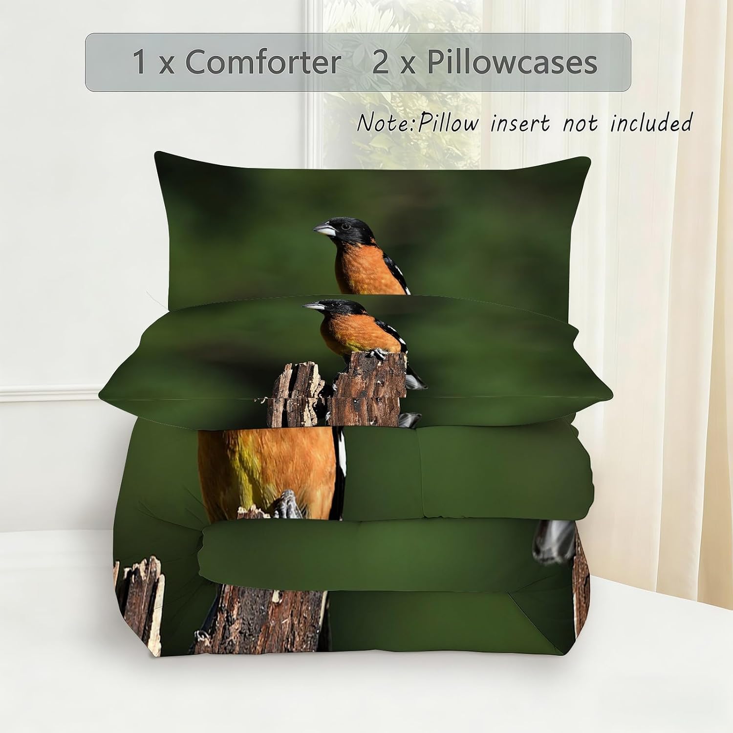 Orange Finch Twin Comforter Set, Green Twin Comforter Luxury Soft Microfiber Fluffy Printing Duvet Insert, Quilt with 2 Pillowcases for Kids and Adults YUb2954