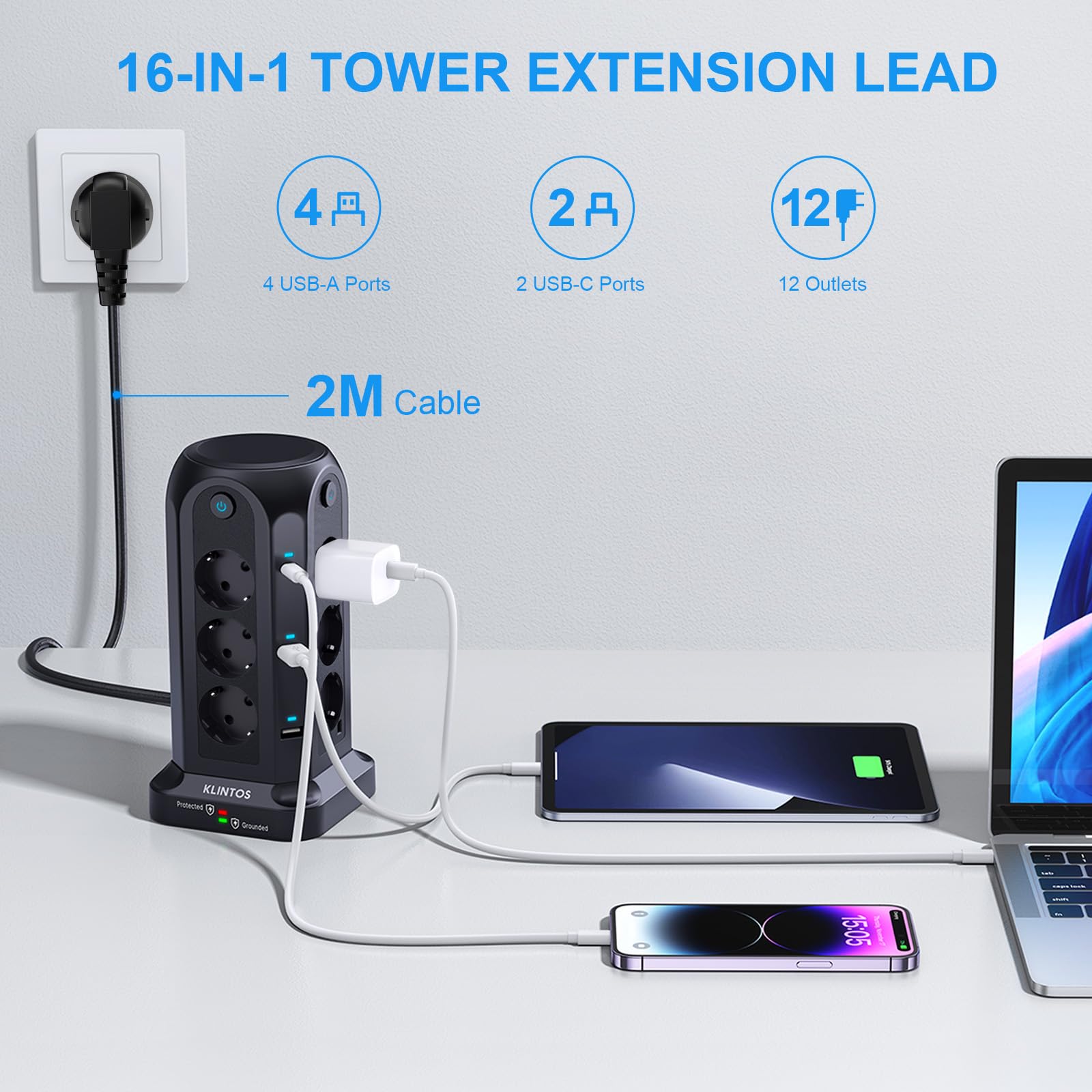 Ciabatta Multipresa, Torretta Multipresa con 12 prese e 4 USB-A & 2 USB C, Multipresa Verticale con 3 interruttori indipendenti, 1500J protezione sovratensione multipresa con cavo da 2 metri