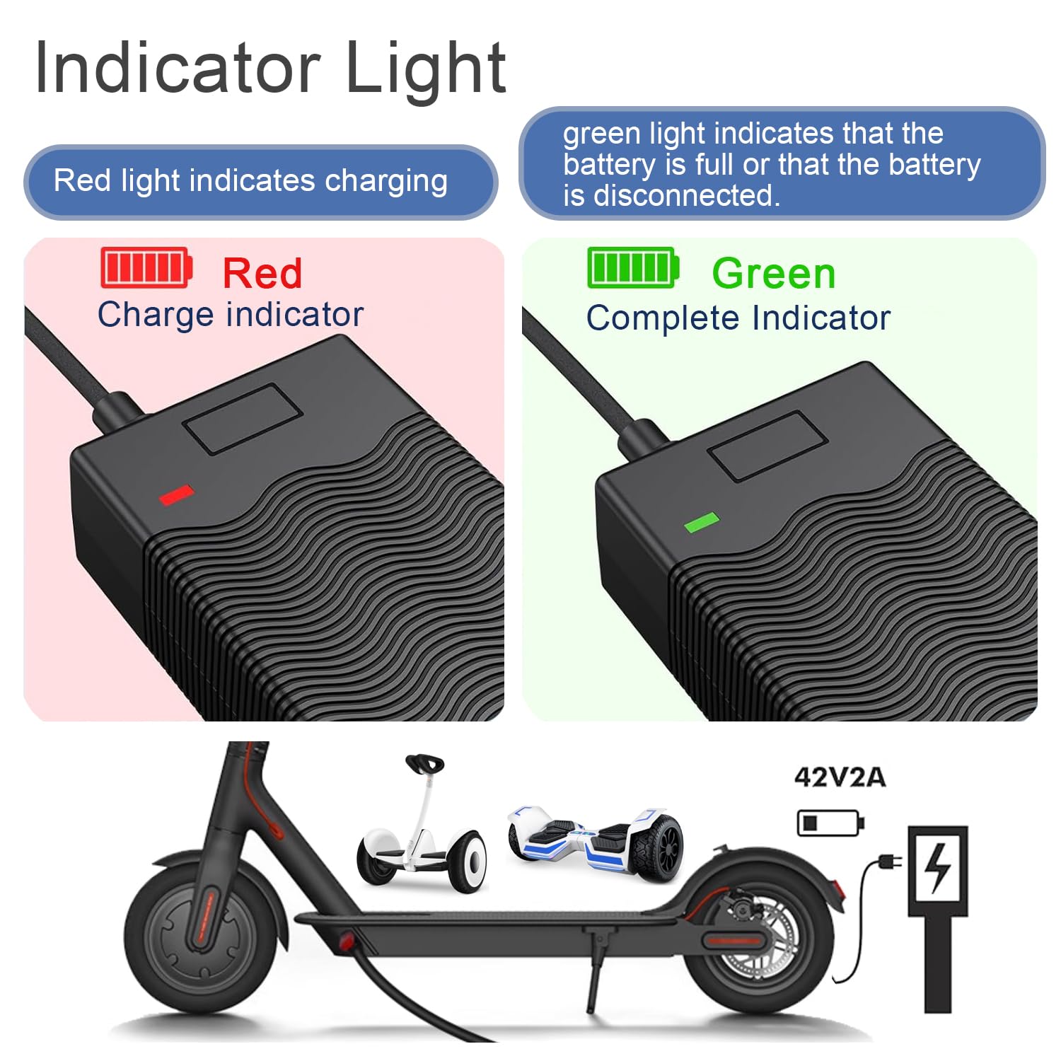 Chargeur de Trotinette Électrique 42V 2A (avec 6 Connecteurs), Compatible avec Hoverboard,Ninebot,Xiaomi, Vélo électrique, Adaptateur d'alimentation pour Batterie Lithium 36V