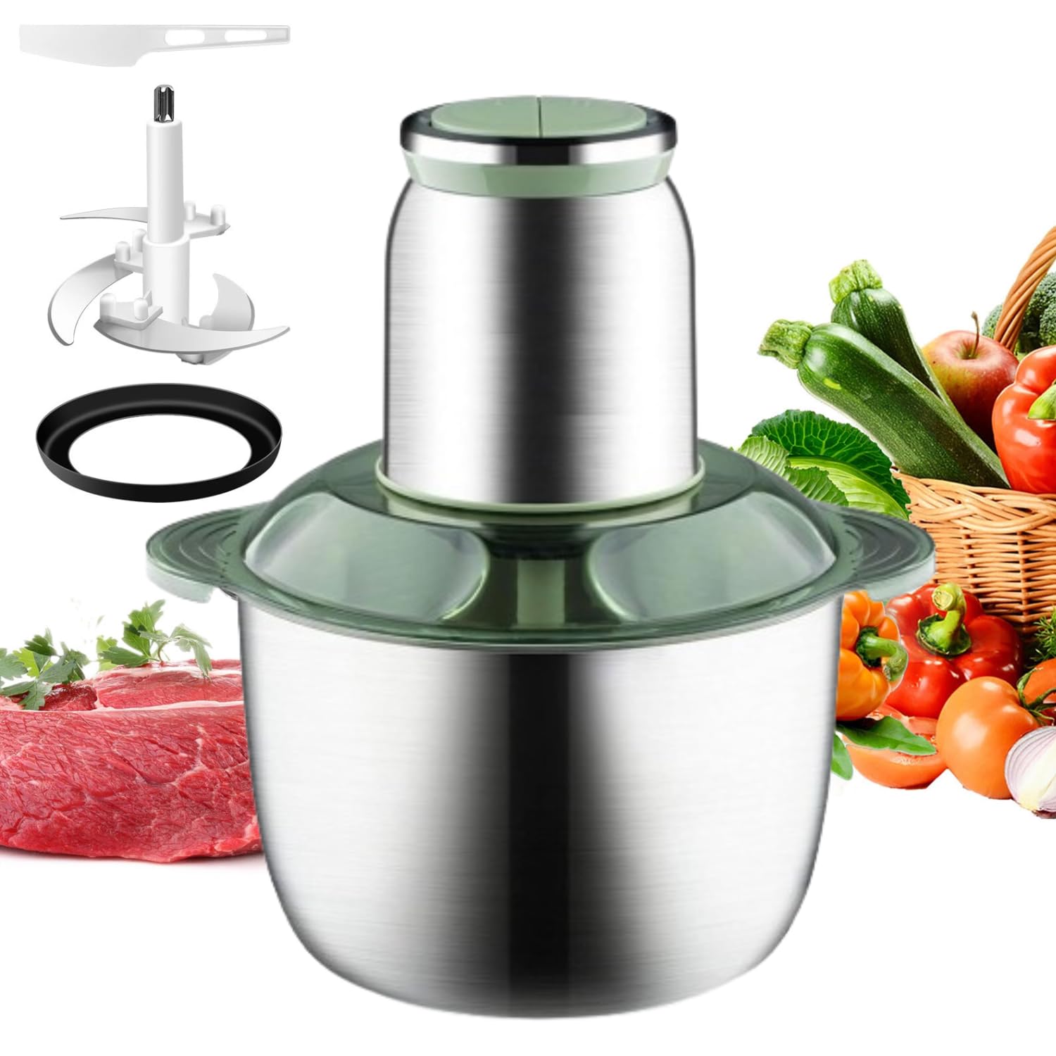REMICH Food Processor 250W Vegetable Chopper - 2L Stainless Steel Bowl, Electric Meat Grinder With 2 Speeds, 4 Bi-Level Blades For Fruits, Nuts, Garlic, Baby Food & Spices || 1Pcs, Green ||-image-25