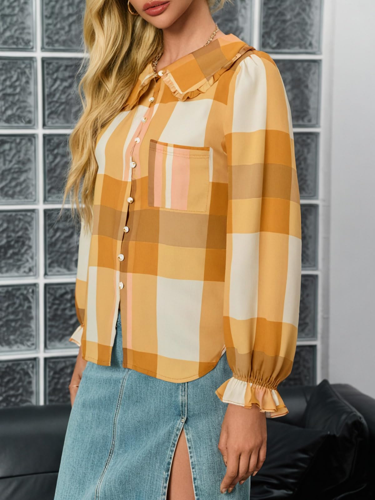 Tankaneo Camicetta da donna a maniche lunghe con colletto alla Peter Pan, a quadri, elegante, casual, autunnale