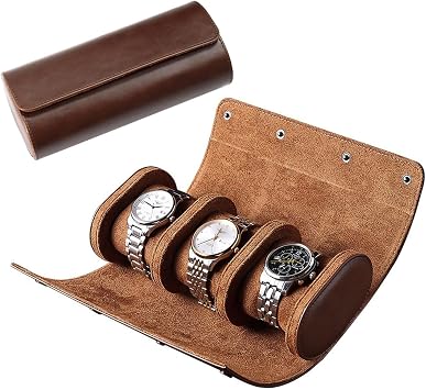 Watch Travel Case, Luxury Leather Watch Roll 3 Slot Organizer Box for Man and Woman, Jewelry Storage Case Gifts for Husband, Dad Birthday Christmas Anniversary Dark Brown-3slot