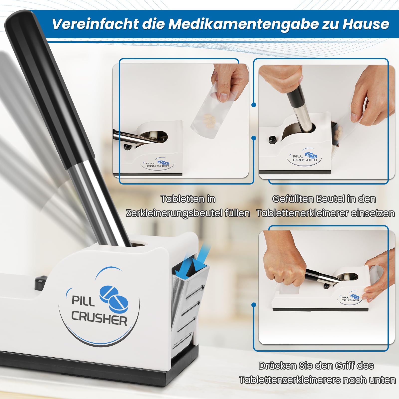 Tablettenmörser mit 100 Beutel, Feinpulver Tablettenzerkleinerer, Mörser Mit Stößel, Medizinische Tablettenpresse für Senioren, Kinder, Haustiere, Pill Crusher