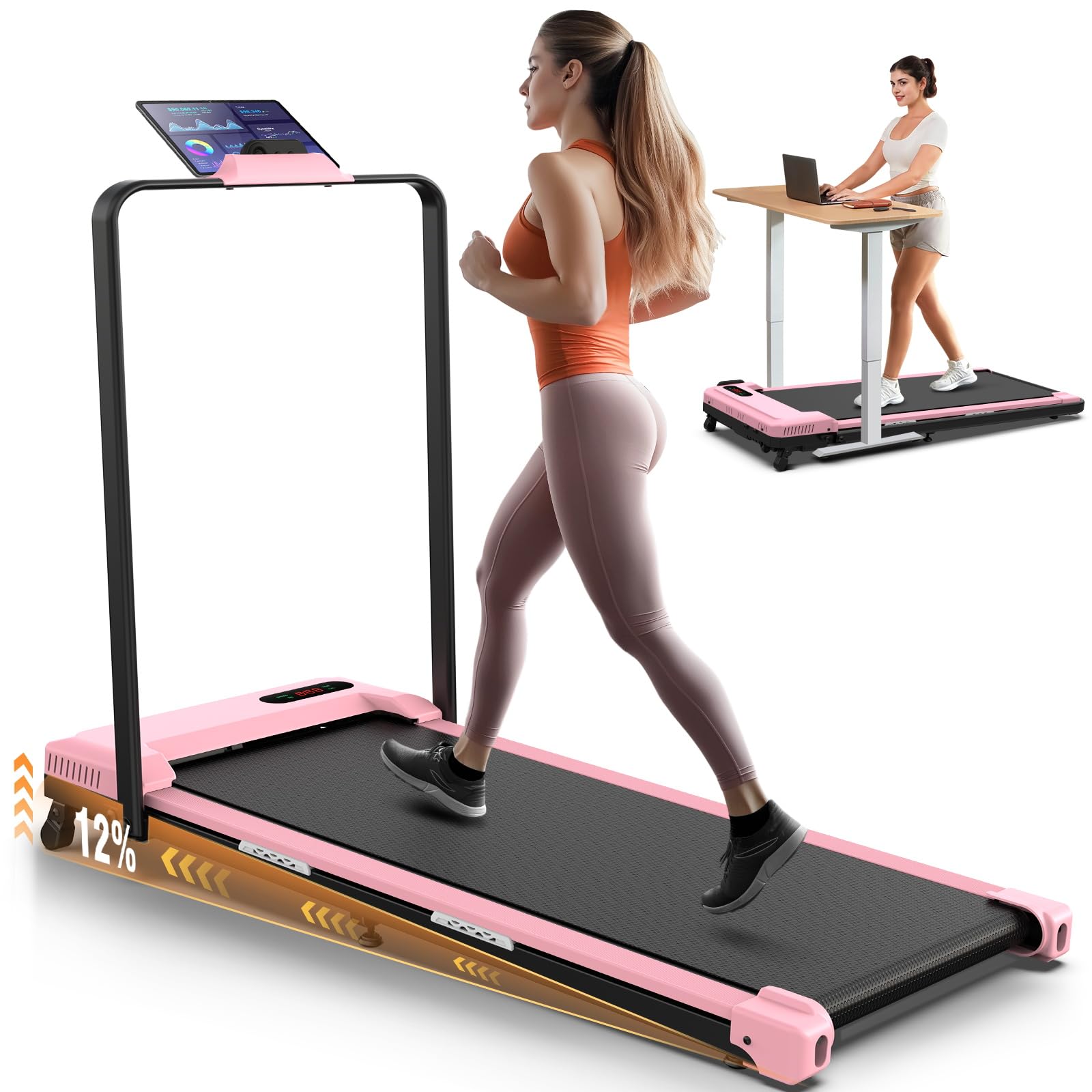 ANCHEER Treadmill with Handles, 3.0 HP Foldable Walking pad with 12% Incline, 320 lbs Capacity-Portable Under Desk Folding Treadmills for Home Small with Widened Belt/Remote Control (Coral Pink)
