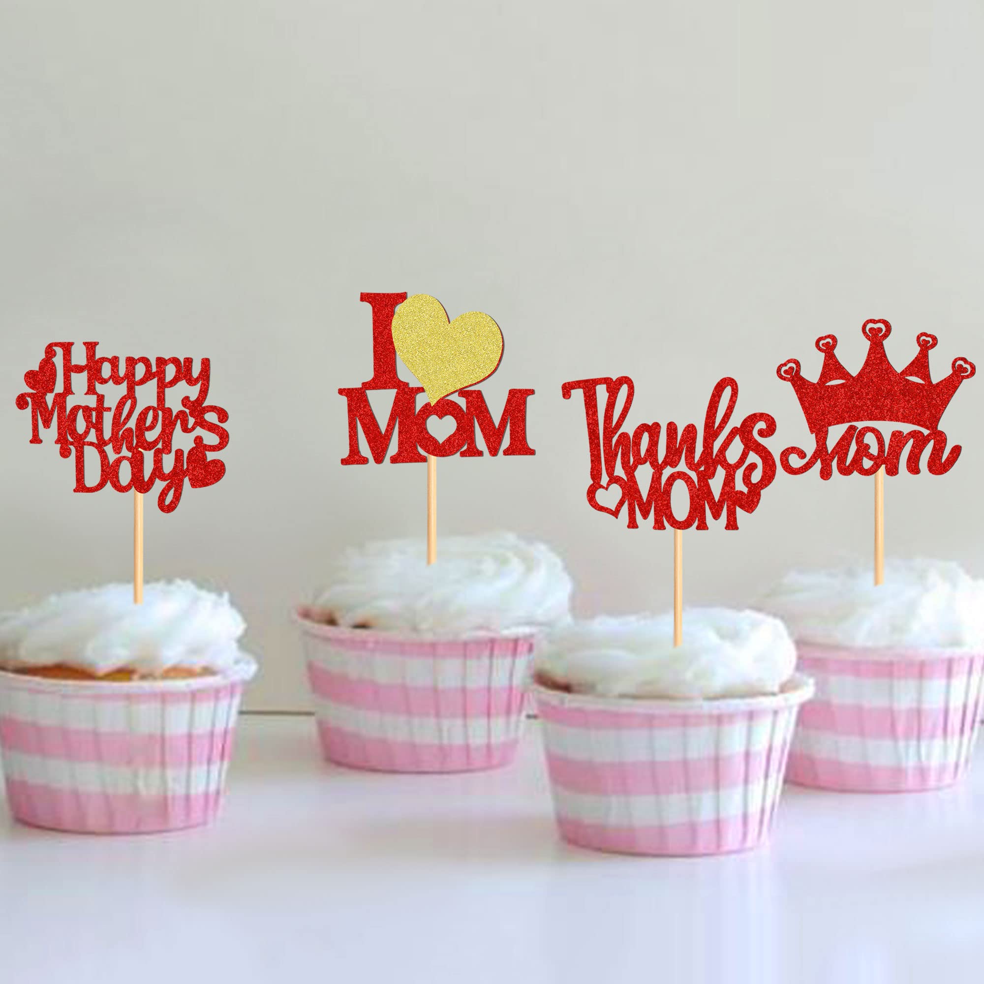 Ercadio Cupcake-Topper Für Muttertag – 24 Stück, Rosa Glitzer, Mit Blumen-Motiven, Für Kuchen & Desserts