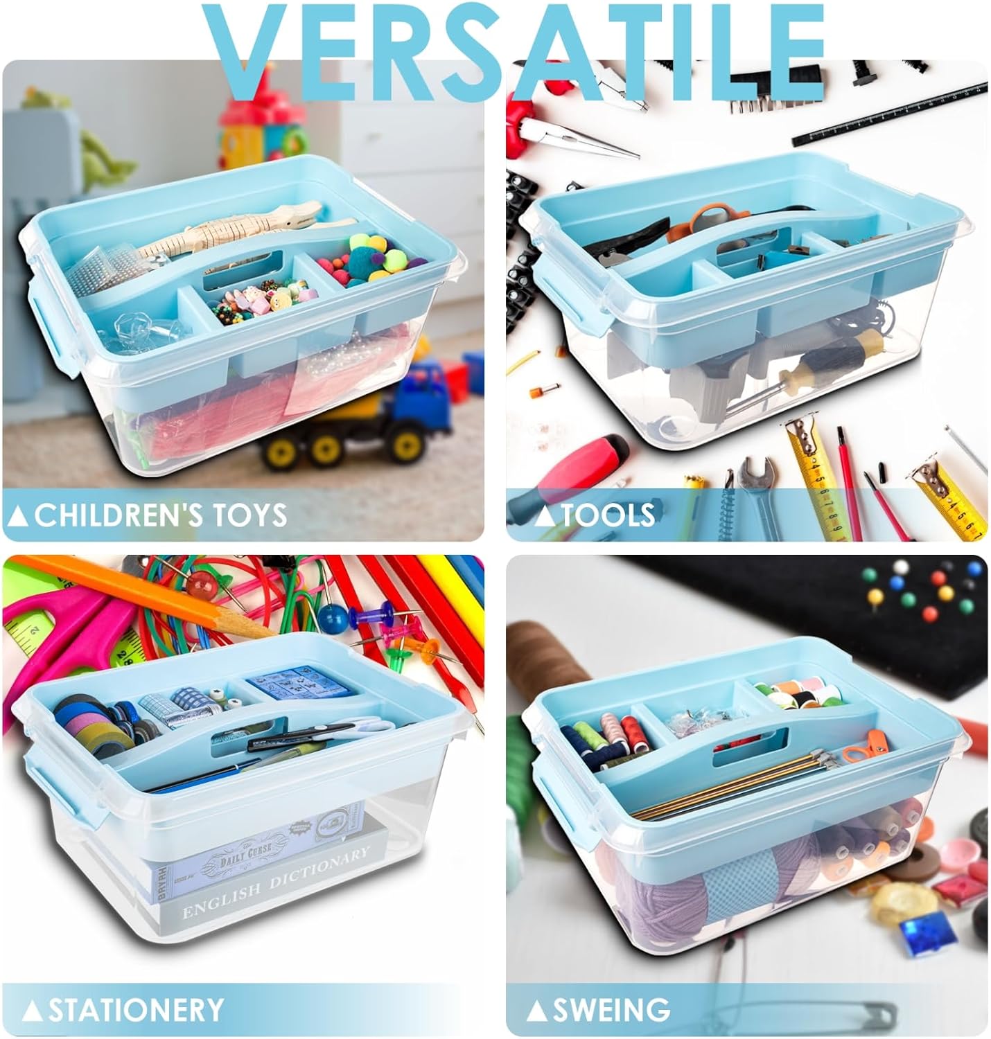 20 QT Plastic Storage Box with Removable Tray, Portable Craft Organizers and Storage Bins with Lid, Clear Art Storage Container for Organizing Sewing, Crayon, Tool, Playdoh (Blue)