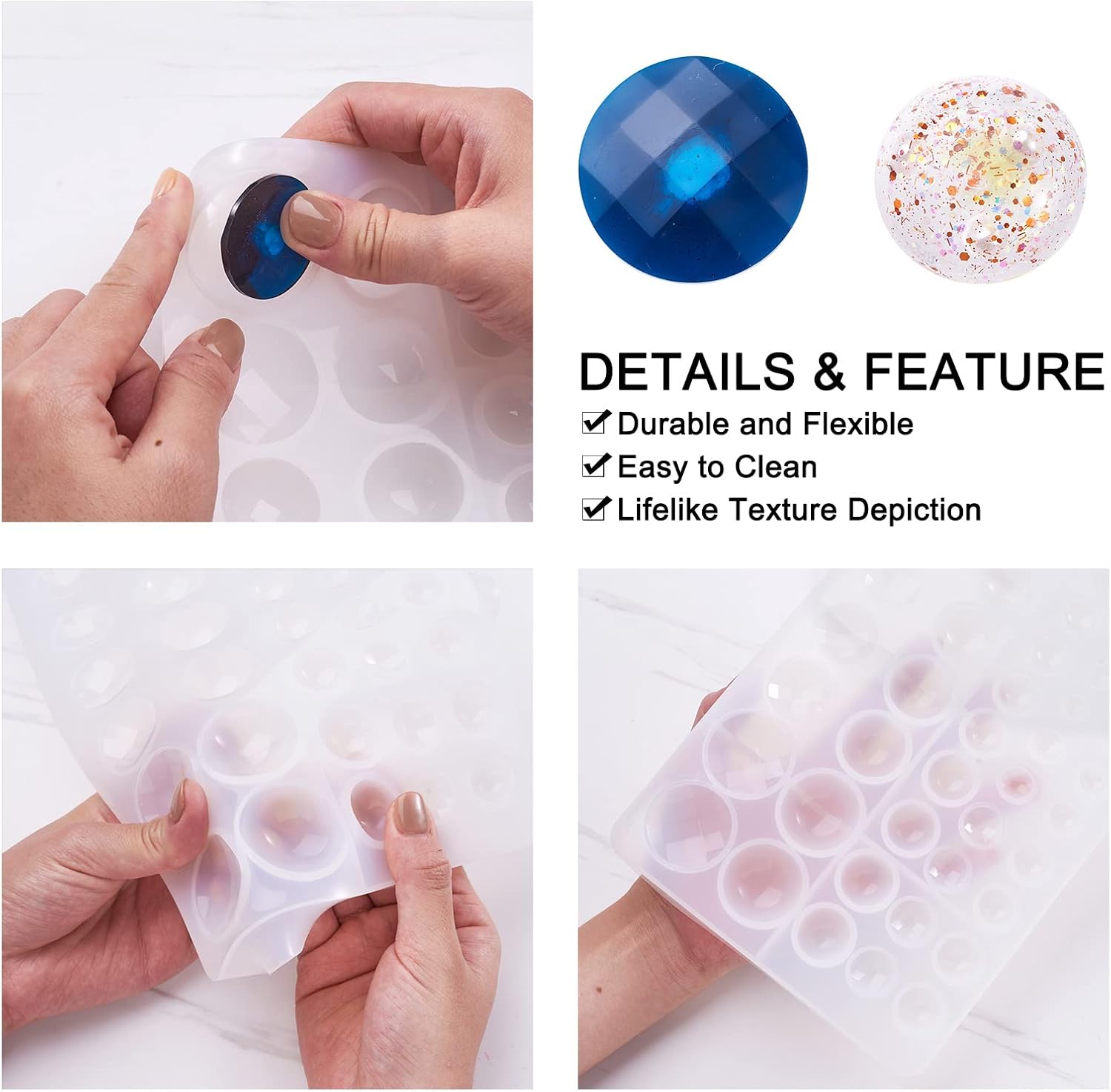 Craftdady 2pcs Cabochon Gems Silicone Mold Round Beads Resin Casting Mold for Epoxy UV Resin DIY Craft Pendant Earring Keychain Jewelry Making, 5-33mm