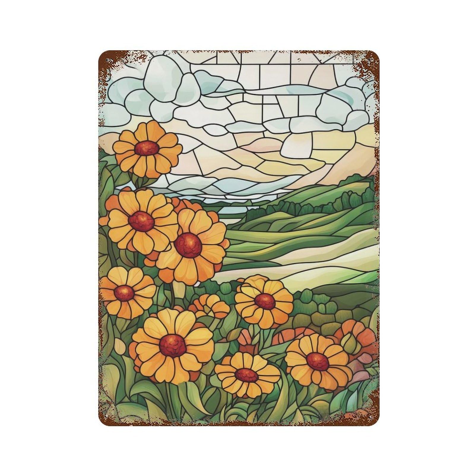 Aged Metal Wall Plaque with Stained Glass Flowers & Landscape Design 15.7"x11.8", for Pub, Kitchen And Man Cave Decor, Shabby Chic Decor