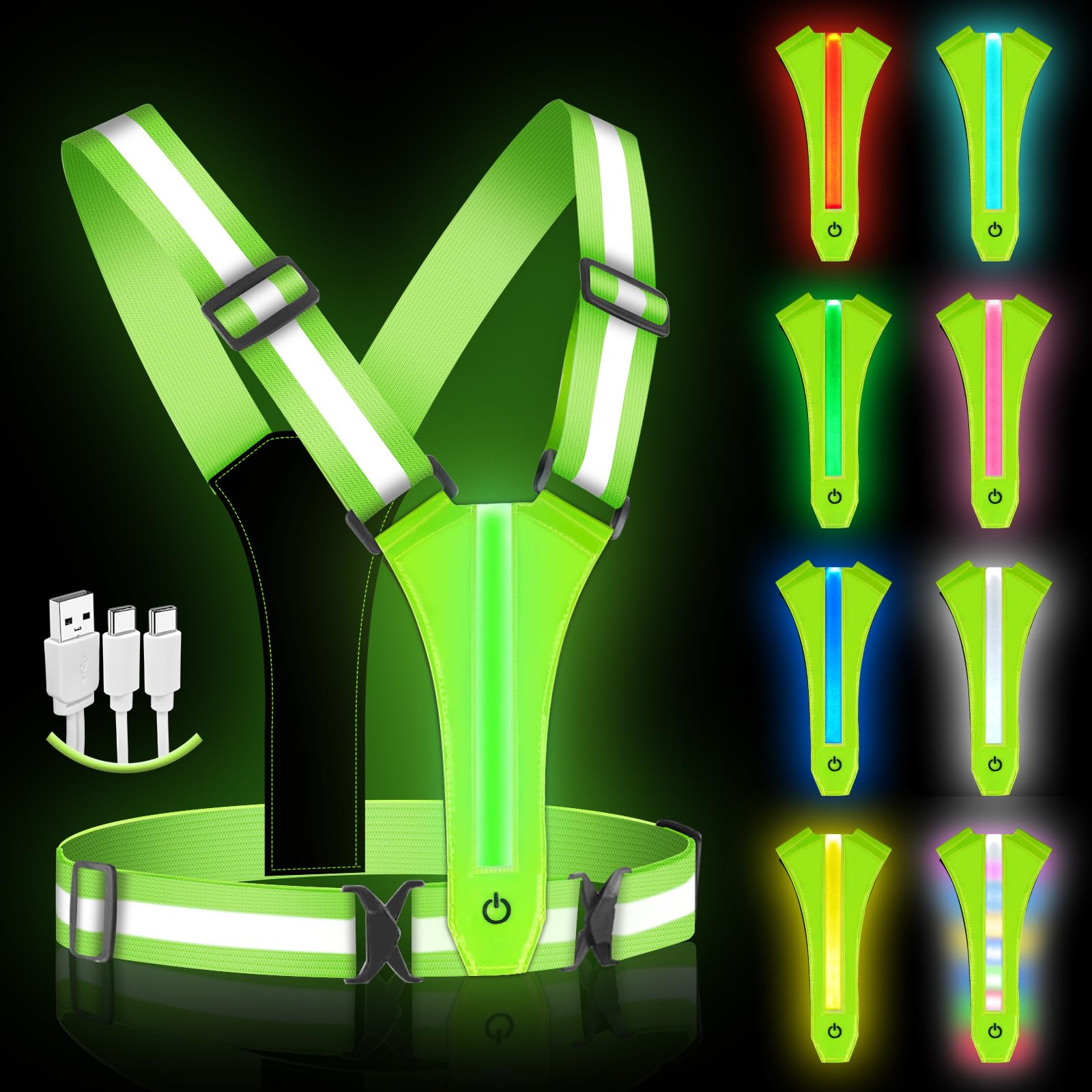 Ainiv LED Bretelle Catarifrangenti 8 Colori Gilet di Sicurezza Ricaricabile USB-C Alta Visibilità Regolabile