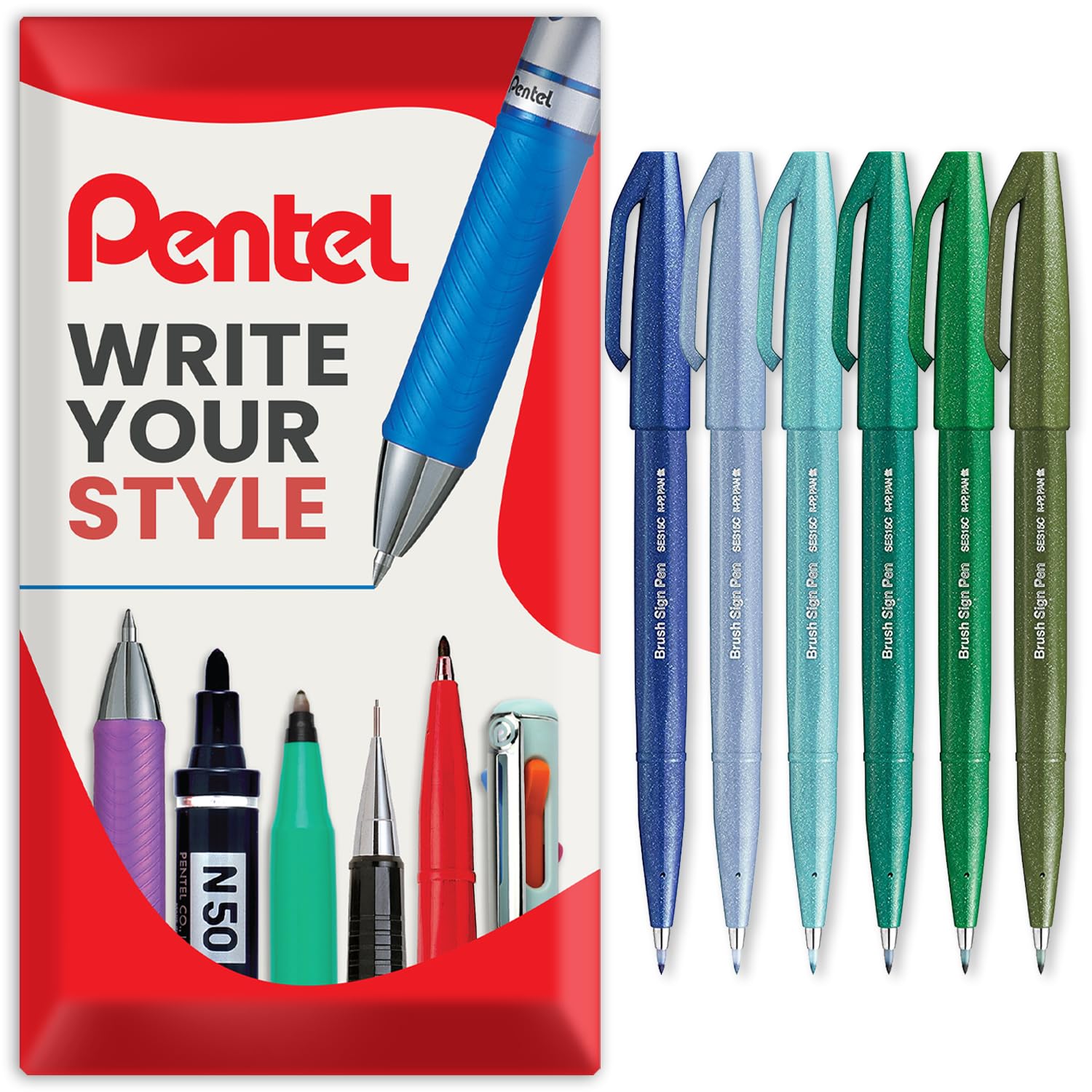 Pentel SES15C pisak pędzelkowy, końcówka z włóknem, fajne odcienie, zestaw 6 sztuk, w pudełku prezentowym