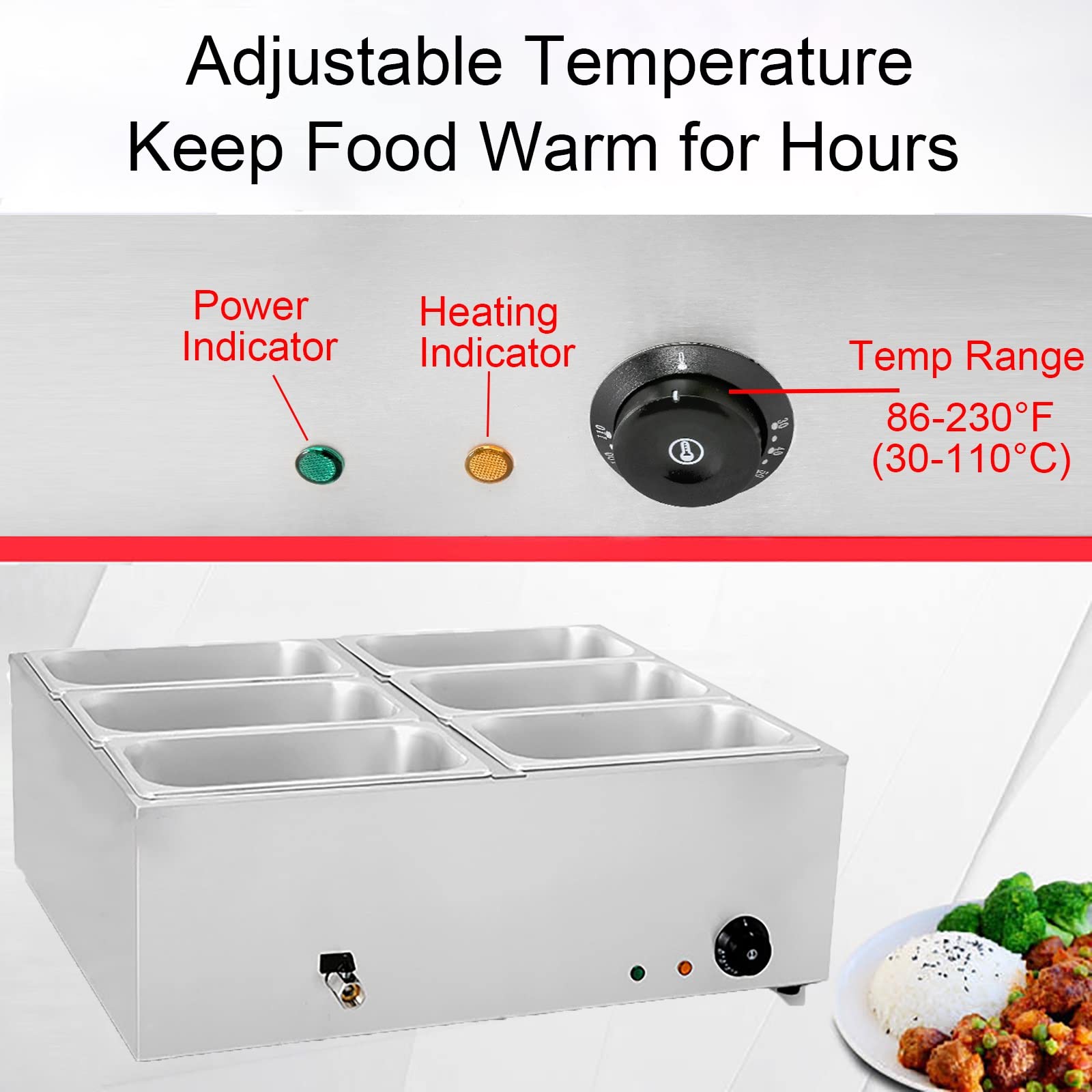 Scaldavivande Elettrico, scaldavivande a Buffet in Acciaio Inox, Tavolo da Vapore, Tavolo da Buffet zuppe, scaldavivande Elettrico con Coperchio ristoranti Catering