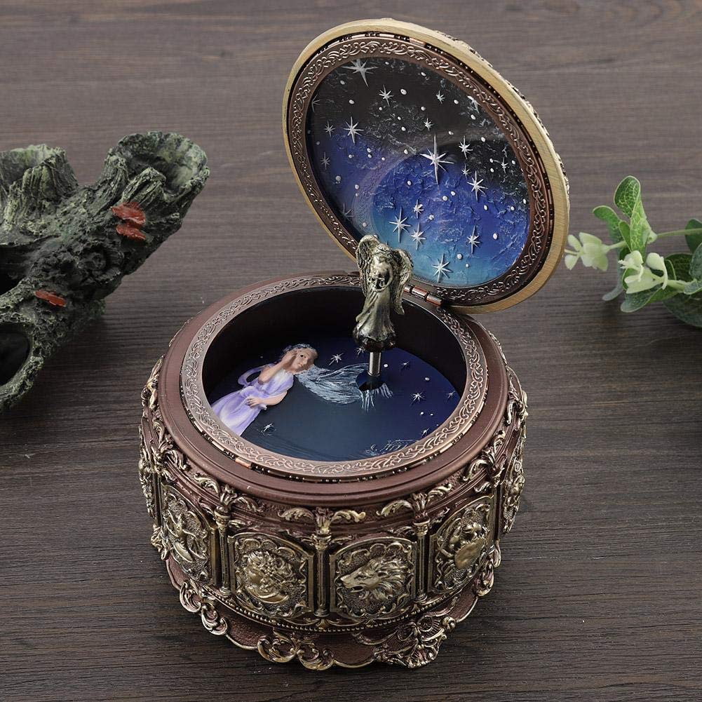MAGT Caja de música vintage, 12 constelaciones, caja de música con constelaciones giratorias, diosa giratoria, luces LED brillantes, regalos para Navidad, San Valentín, cumpleaños (Libra)
