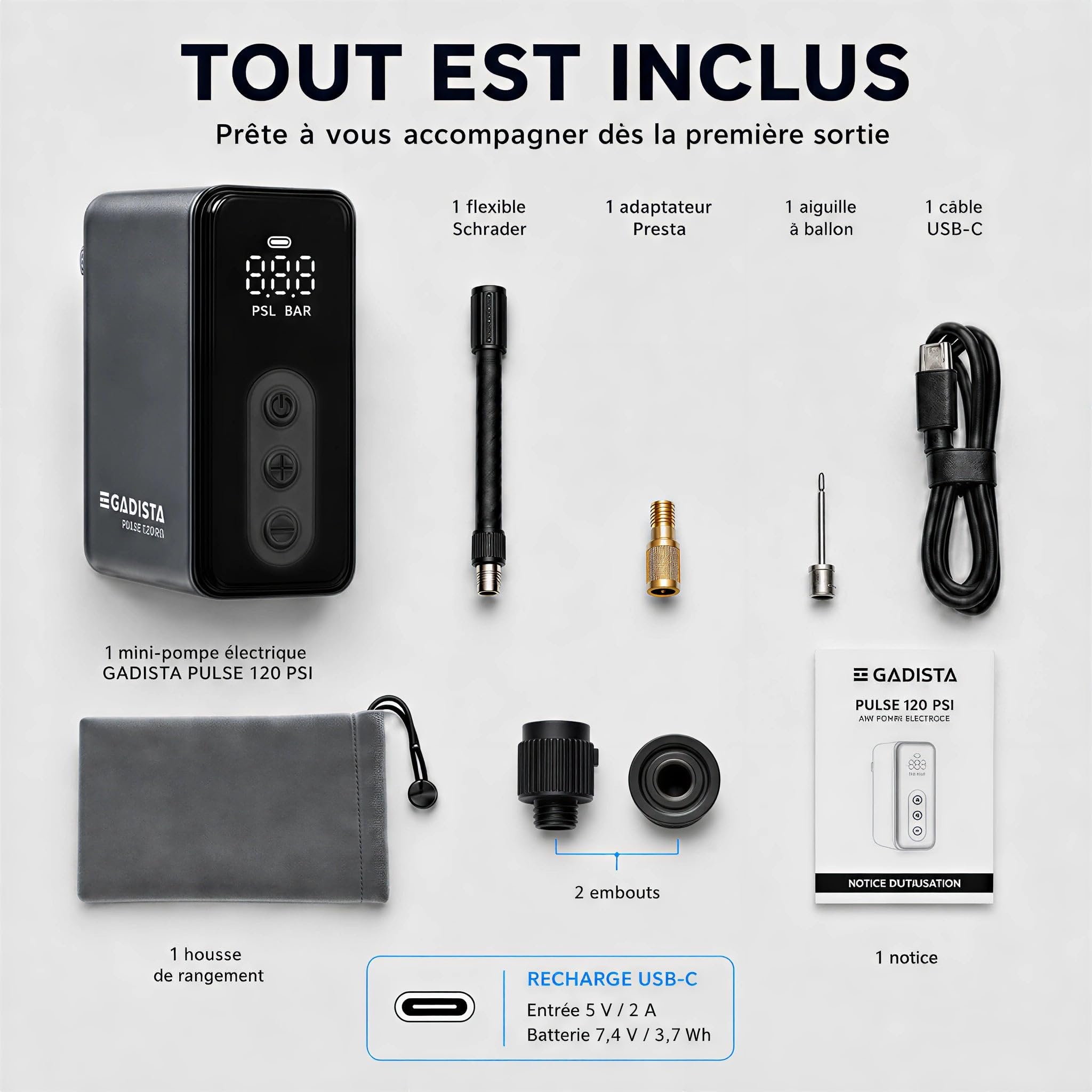 GADISTA Mini Pompe à Vélo Électrique 120 PSI - Gonfleur Électrique Portable sans Fil, Écran Numérique PSI/Bar, Arrêt Automatique, Valves Presta & Schrader + Ballons, USB-C, 143 g