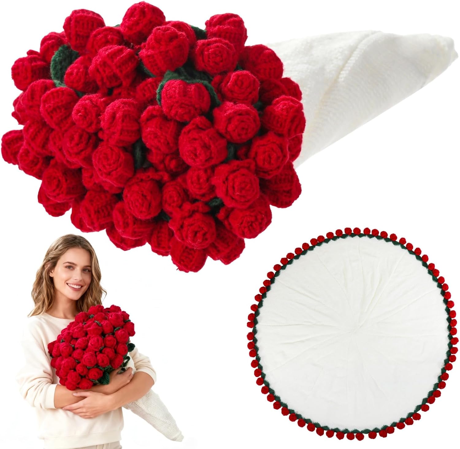 43" Red Rose Crochet Flower Throw Blanket for Mom Wife Grandma, Knitted Flower Foldable Red Rose Summer Winter Blanket, Machine Washable Shawl for Birthday, Anniversary, Holiday