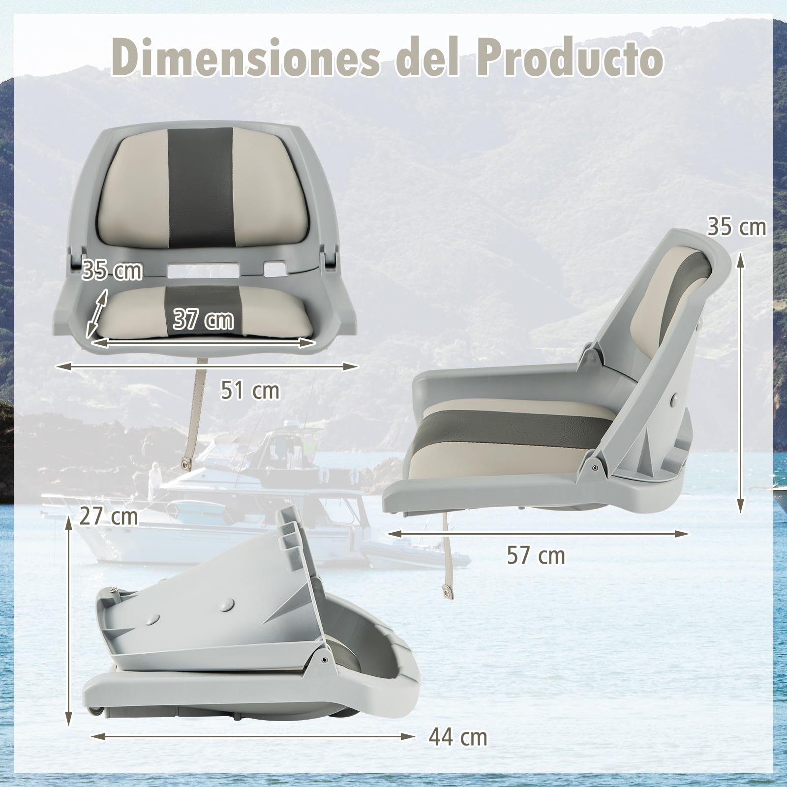 COSTWAY Asiento Barco Plegable, Sillas para Barco con Respaldo Bajo, Cojines Tapizados de Cuero de PVC, Asiento Yate Impermeable, Canoa