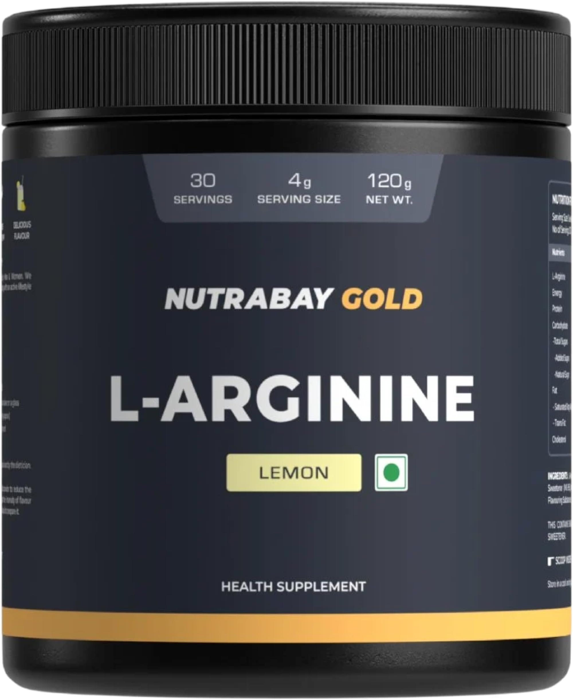 Nutrabay Gold L-Arginine Supplement Powder - 120g, Lemon Flavor | Pre Workout Amino Acid for Endurance, Muscle Building & Faster Recovery