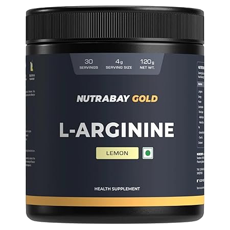Nutrabay Gold L-Arginine Supplement Powder 120g, Lemon Flavor – Pre Workout Amino Acid for Endurance, Muscle Building & Faster Recovery| Tested for Purity | 100% Authentic