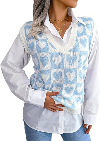 jinghuiyue V Neck Sweater Vest for Women Cute Heart Printed Sleeveless Pullover Sweater Casual Loose Knit Tank Tops
