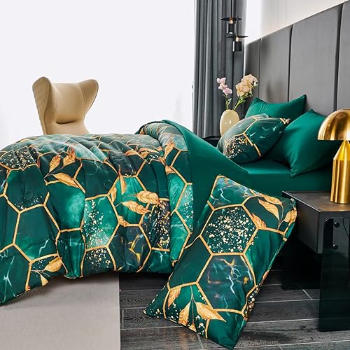 Miniatura 9 de ZRNBAST Juego de edredón tamaño King de color verde oscuro con diseño geométrico de panal de abeja - Juego de ropa de cama de 7 piezas con patrón de