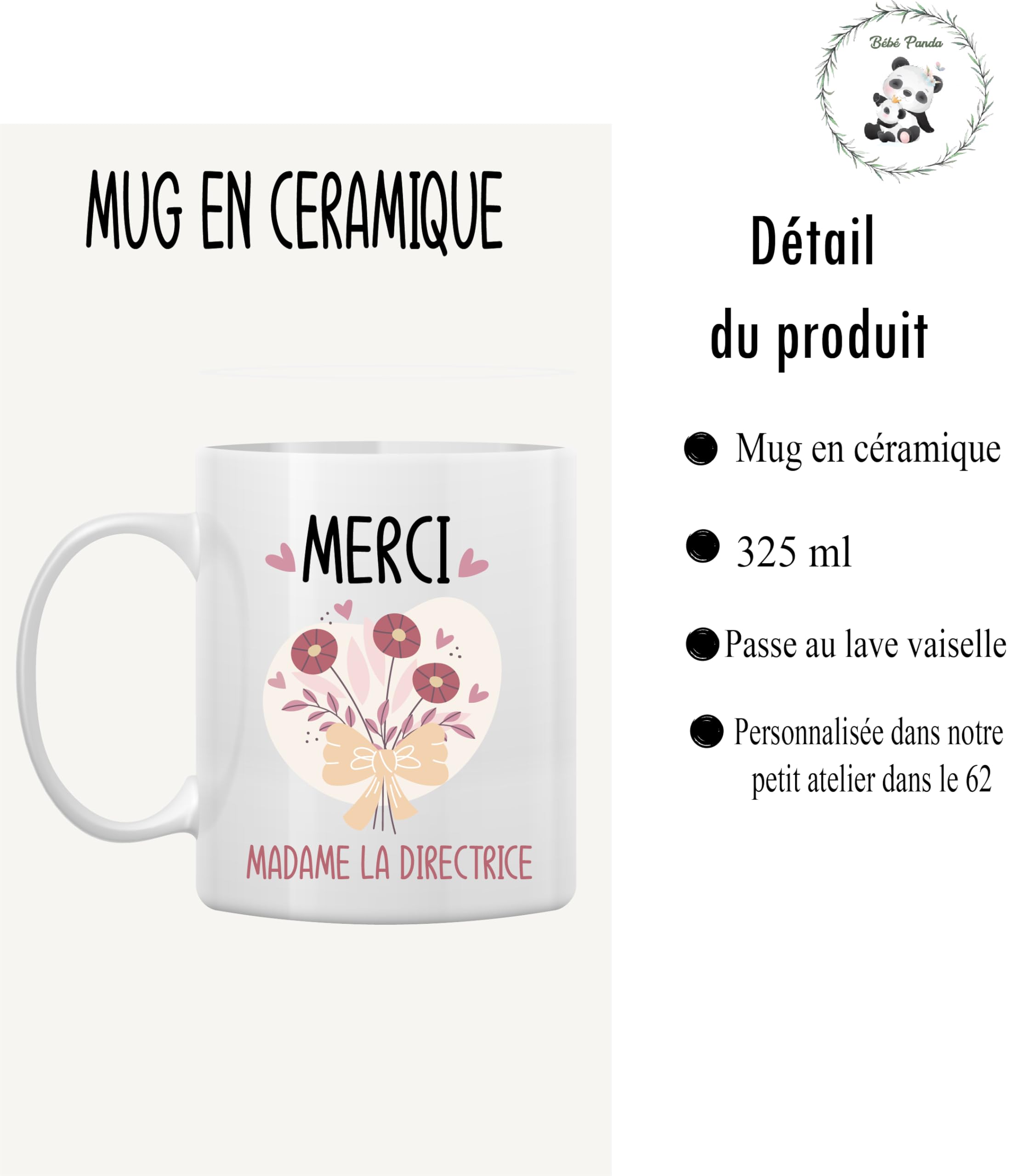 Mug Blanc 330 ml – "Merci Madame la Directrice" avec Dessin de Bouquet de Fleurs – Cadeau de Remerciement Élégant pour une Directrice, Idée Cadeau Appréciation