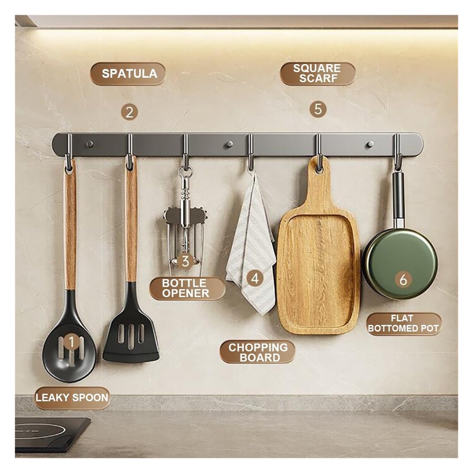 Perchero De Cocina De Acero Inoxidable Autoadhesivo, Estante For Colgar En La Cocina, Barra For Utensilios De Cocina, Soporte De Cocina, Sin Taladrar, Ganchos Móviles, Diseño Moderno, Mate organizador