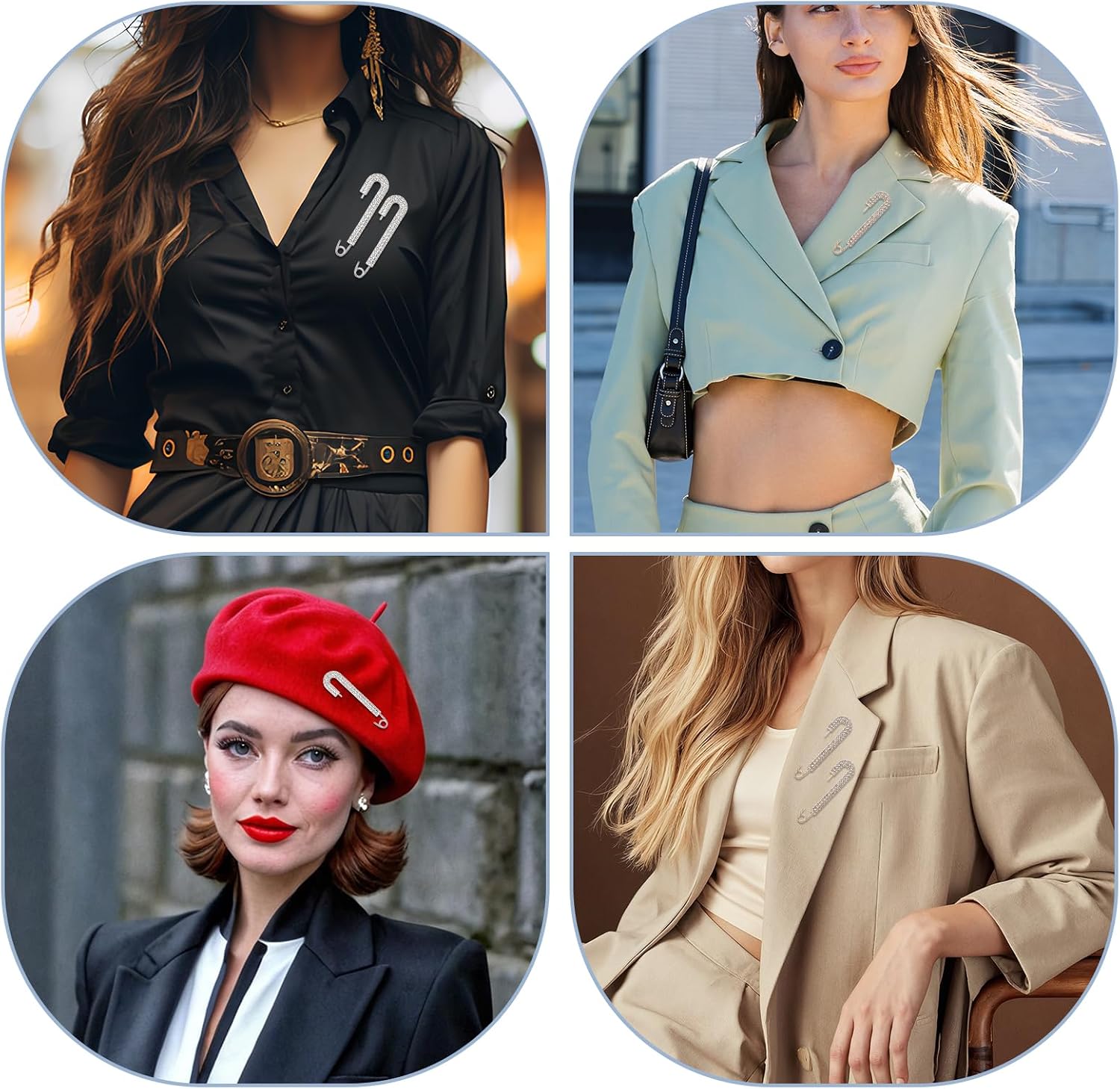 4Pcs Rhinestone Brooches and Pins for Women, Decorative Safety Pins, Safety Pin for Clothing Bustle Clips for Wedding Dress Train, Vintage Dress Clips Back Cinch for Women Skirts Scarf Shirt