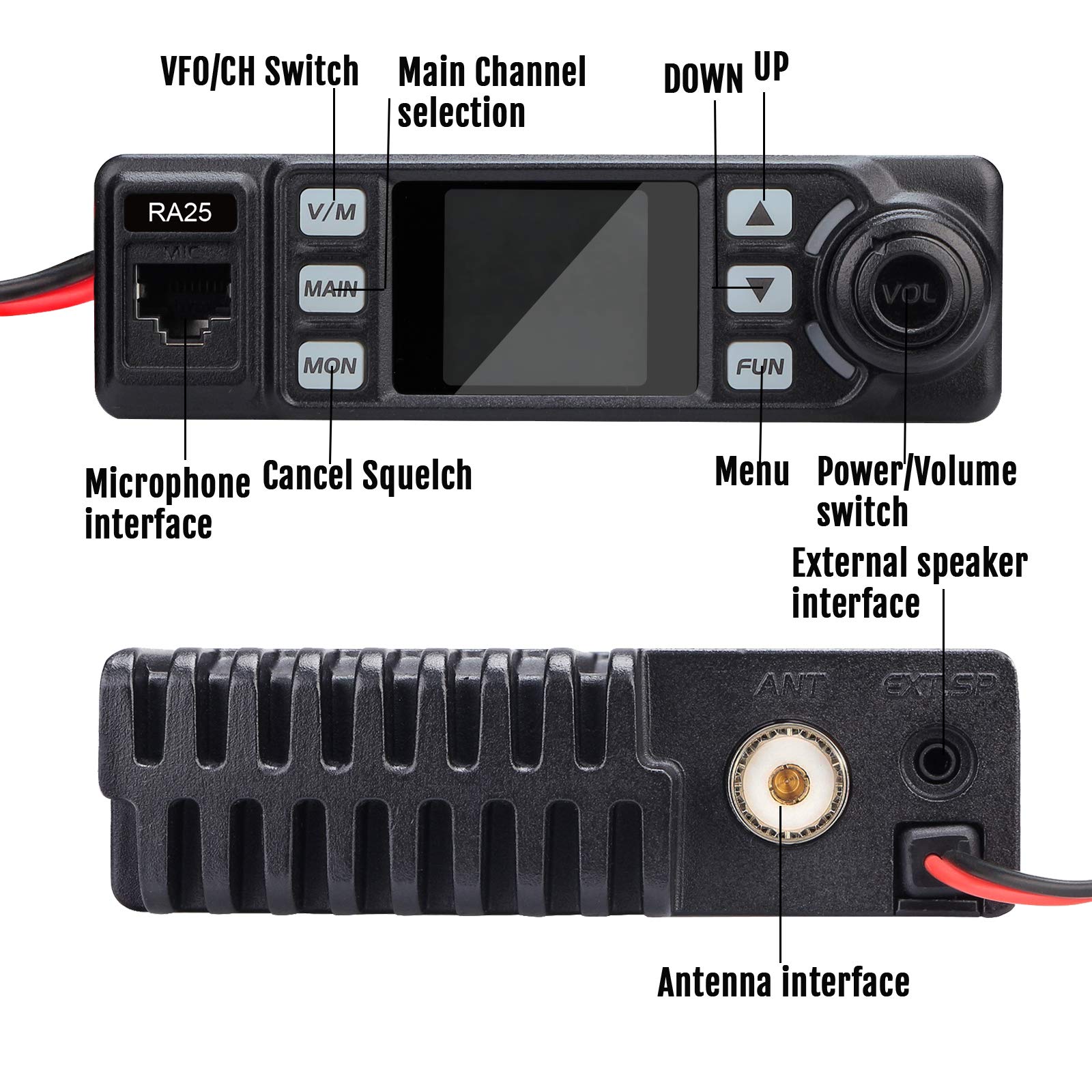 Retevis RA25 Mobile Ricetrasmettitore, Doppio Monitor Dual Band, 5W/20W,500 Canali,5 Toni/2 Toni/DTMF, Display TFT da Mini Mobile Radio(1 Pezzo, Nero)