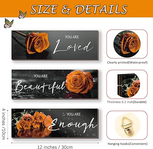 Miniatura 4 de ZINYAZHE 3 piezas de decoración de pared naranja inspiradoras rosas naranjas decoración de baño, arte de pared de madera, citas positivas You Are