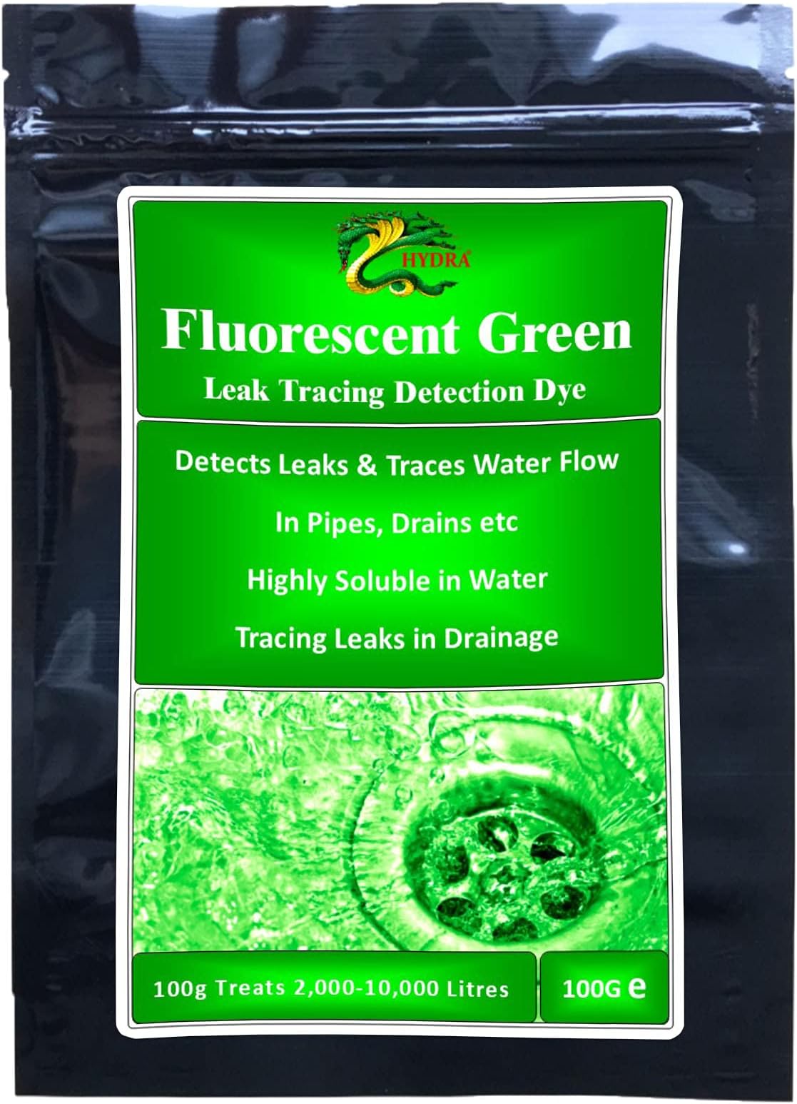 Hydra Water Leak Detection Dye - Leake Tracer Dye Traces Leaks in Drains, Pipes & Pools | Fluorescent Drain Tracing Dye | 100GM