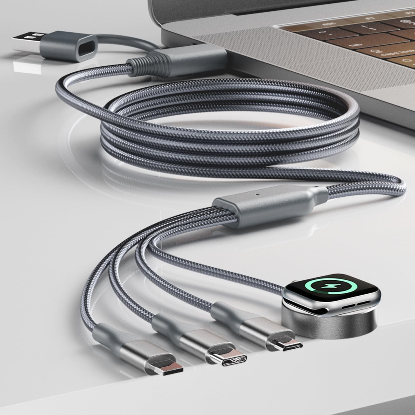 A-Pce 4-in-2 Multi Charging Cable with Smartwatch Charging, Grey-6FT view 3