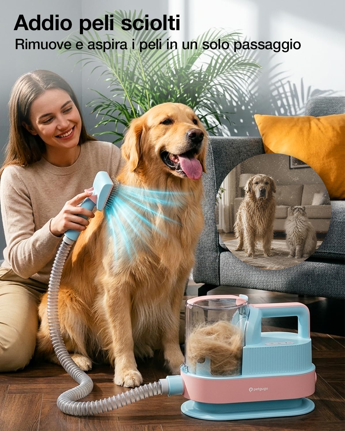 PETGUGU Tosatrice per Cani e Gatti con Aspirazione, Kit Toelettatura 7-in-1, 11000Pa, Contenitore 2,5L, Silenzioso ≤62dB, Funzione Asciugatura 45–55°C, 3 Livelli, M1 Pro