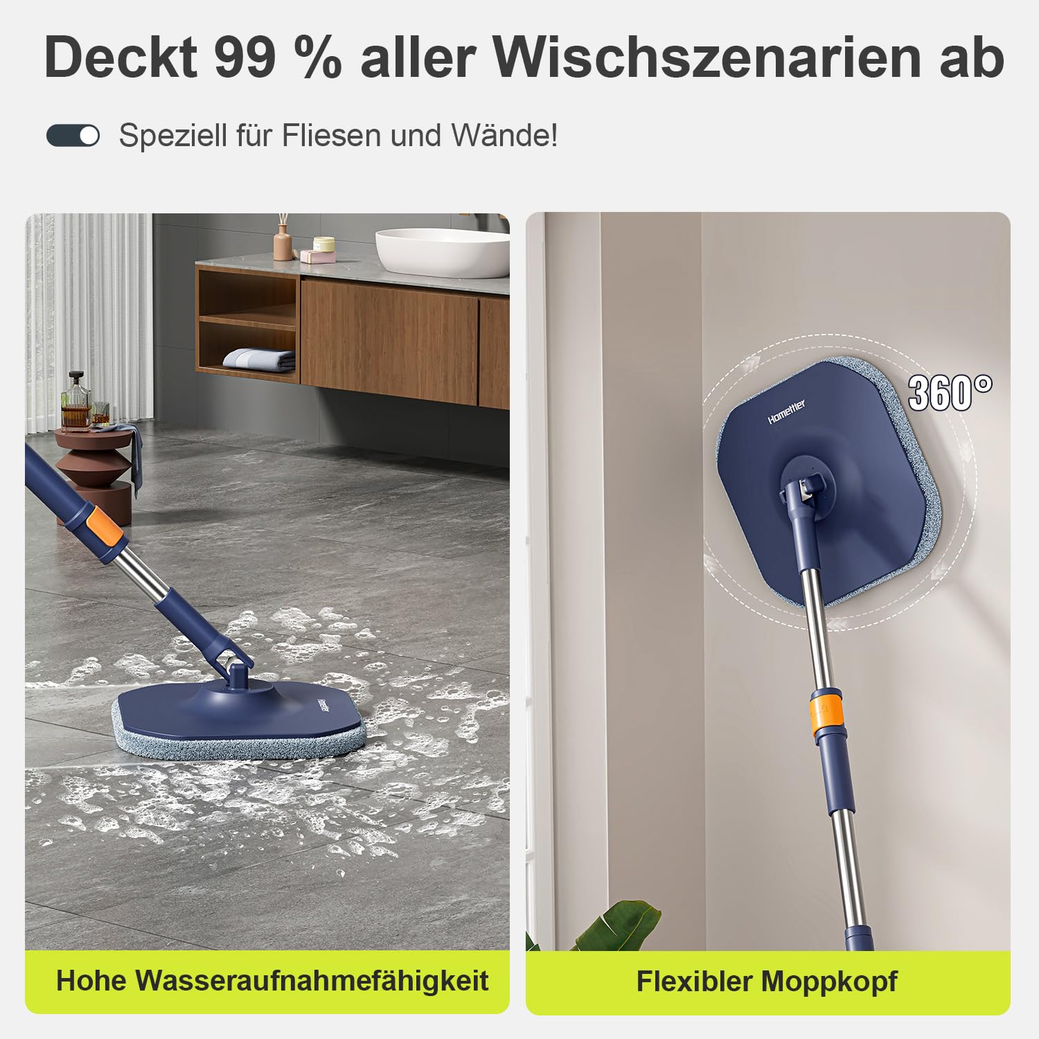 HoMettler Wischmopp Set mit Eimer, 2-Kammer System für Sauber- und Schmutzwasser Trennung, Bodenwischer mit 360° Drehkopf, Teleskopstiel aus Edelstahl, 4 waschbare Mikrofaser Pads, für alle Hartböden