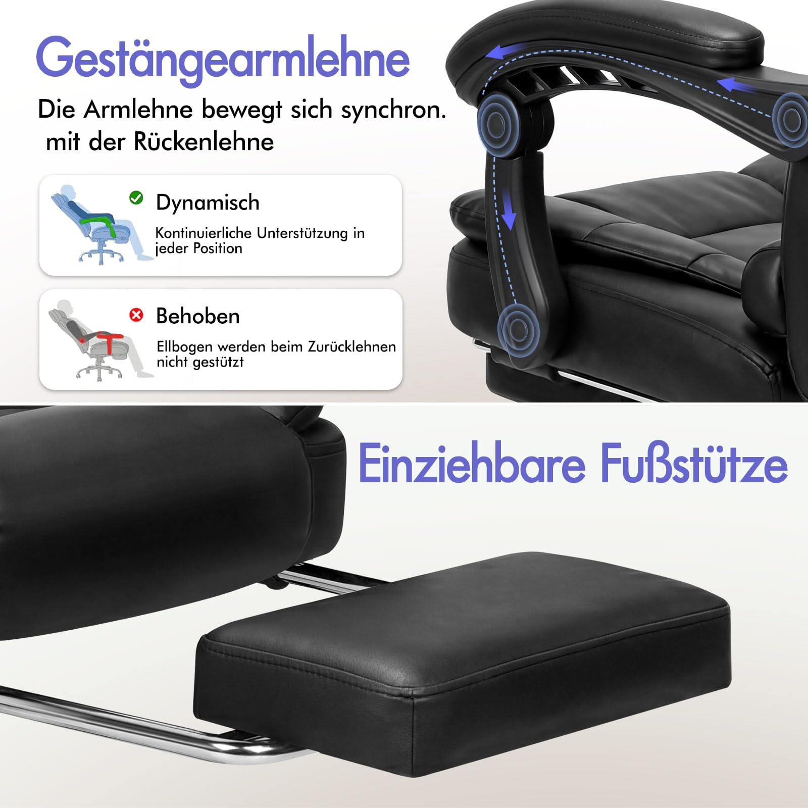 ALFORDSON Chefsessel Bürostuhl Massage Schreibtischstuhl 150°-Neigung, Computerdrehstuhl, ergonomischer Drehstuhl Ausziehbare Fußstütze, höhenverstellbarer,belastbar 180 kg, PU-Leder, Schwarz