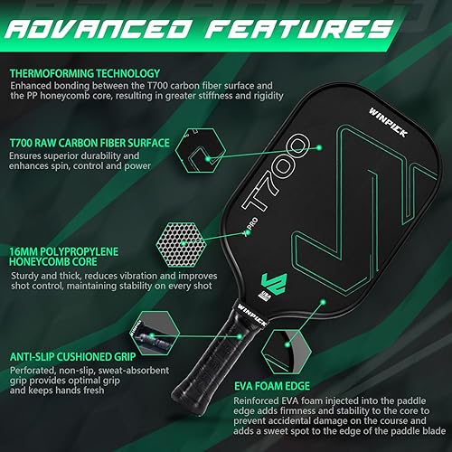 Miniatura 3 de Paleta de pickleball T700 de fibra de carbono cruda, raqueta de pickleball termoformada con núcleo de panal de polipropileno de 0.63 pulgadas,