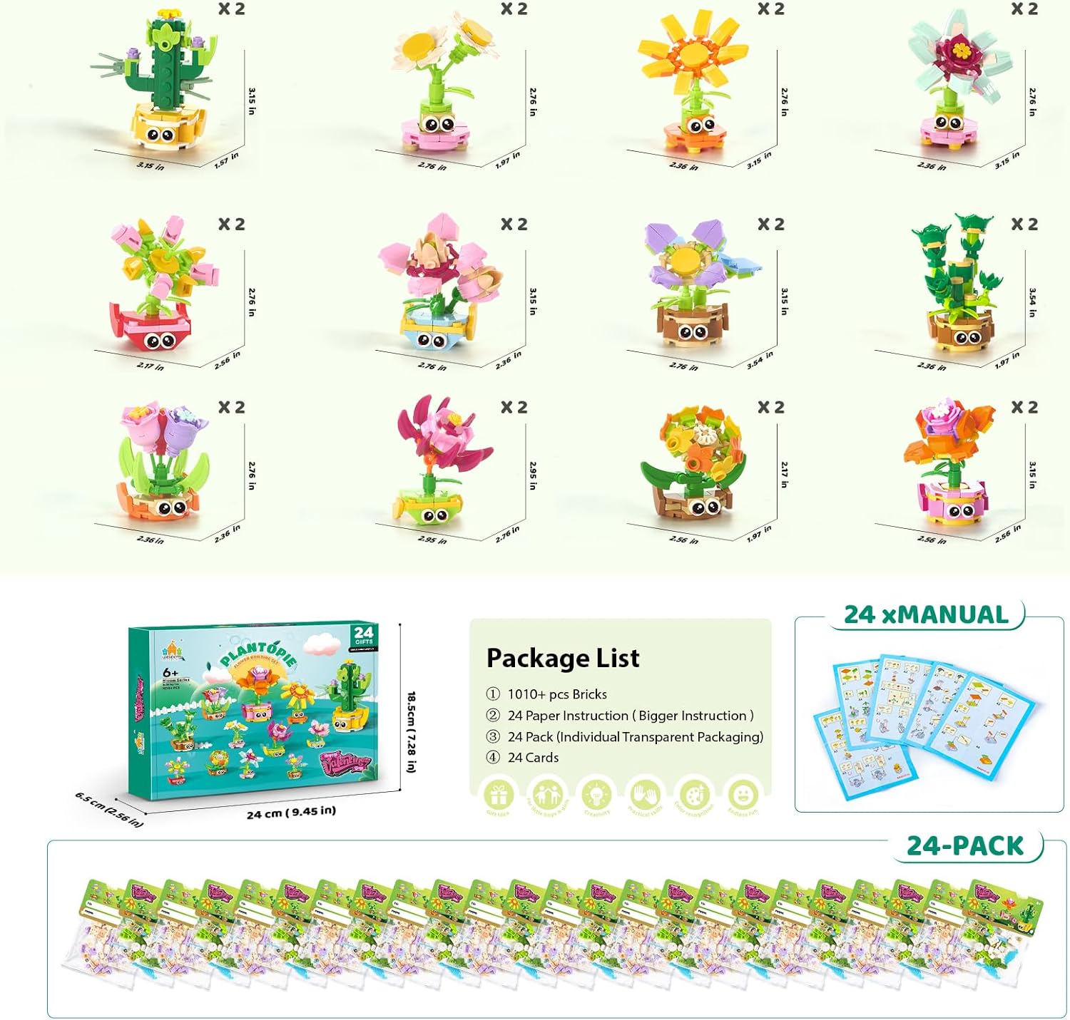 24 Pack Valentine's Day Gifts with Cards for Kids Party Favors – 3-in-1 STEM Flower & Plant Building Sets (72 Models), Classroom Exchange & Non-Candy Goody Bag Fillers for Boys & Girls Ages 6+