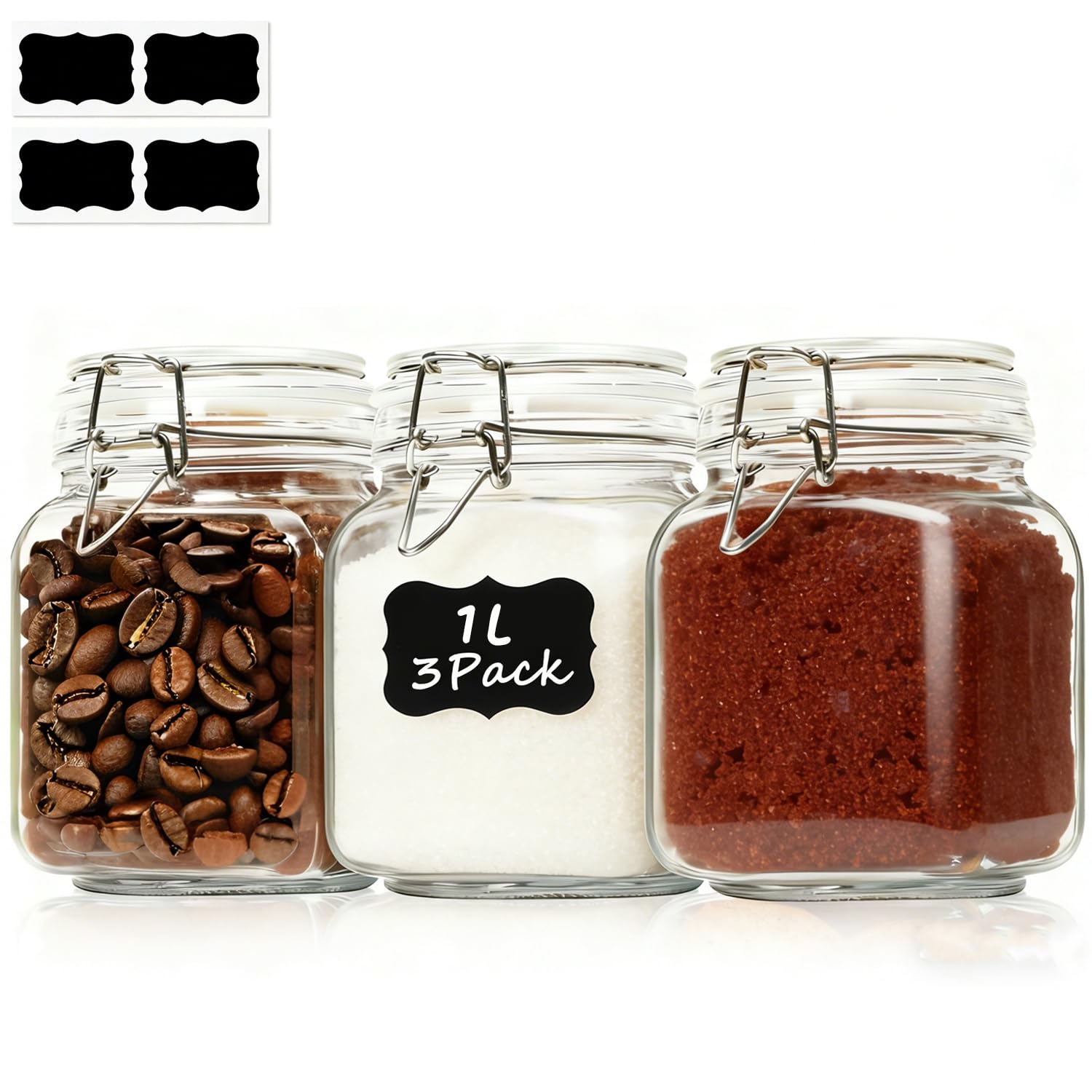 ComSaf 1L Clip Top Mason Jars for Home Preserving (3 Pack), Square Glass Jars with Airtight Lids, Storage Jars for Coffee, Flour, Sugar & Pantry Organisation — image 1
