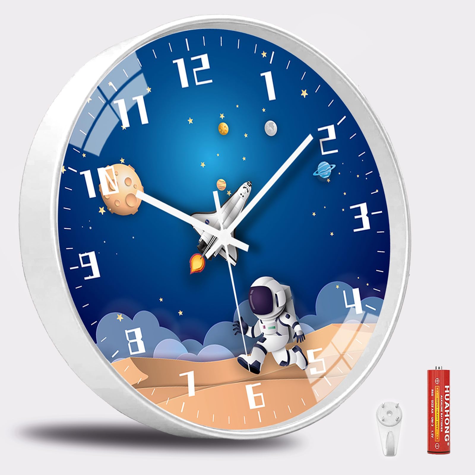 QINFIEY 30,5 cm lautloses Uhrwerk Kinder-Wanduhr, nicht tickend, runde Wanduhr, batteriebetrieben, Raum, Reisestil, Dekoration, Kinderuhr für Zuhause, Schule, Jungen, Schlafzimmer, Wohnzimmer (weiß)