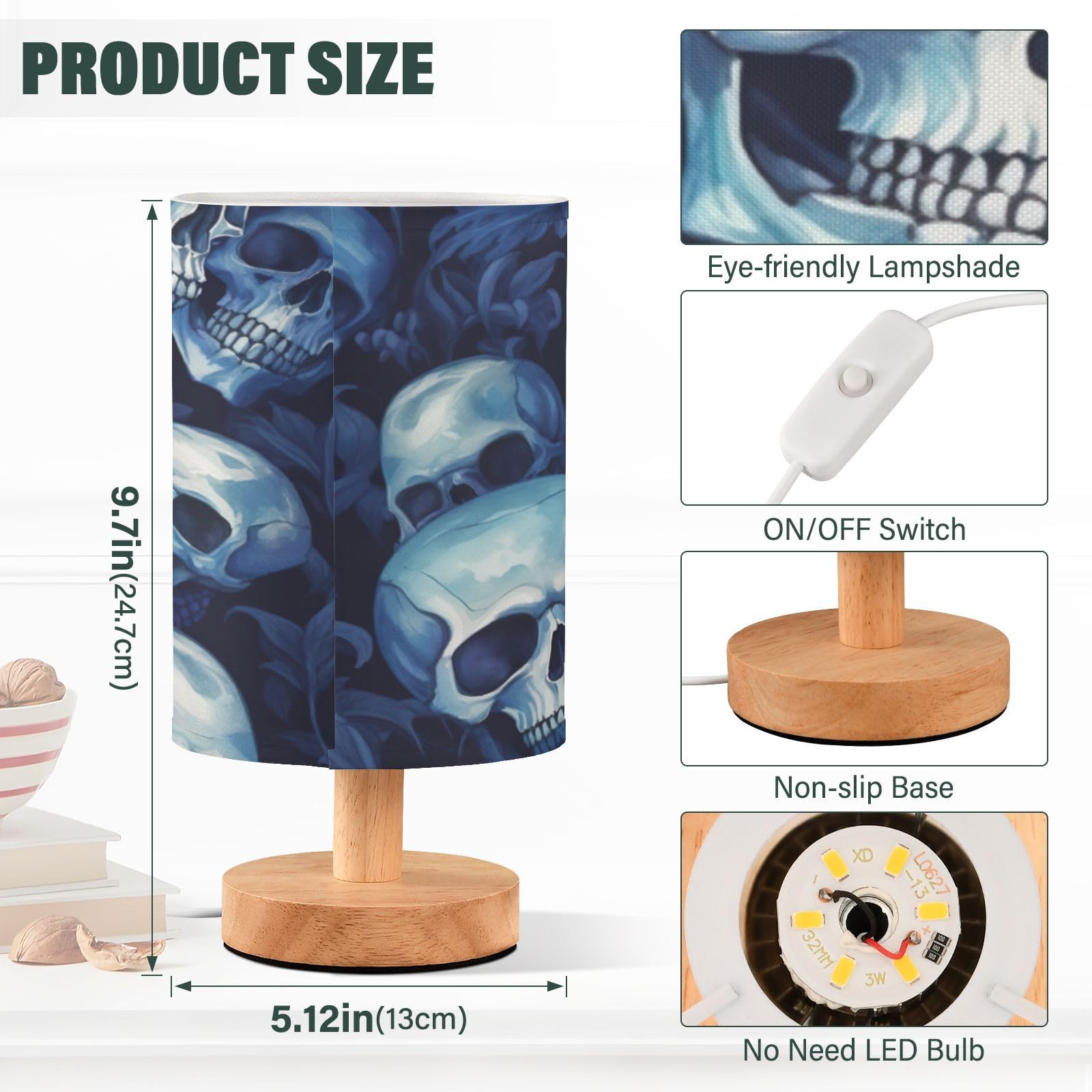 xigua Skull Bedside Table Lamp, Touch Control Nightstand Bedroom Lamp with USB Ports,LED Desk Night Light for Living Room Office590 - Image 3