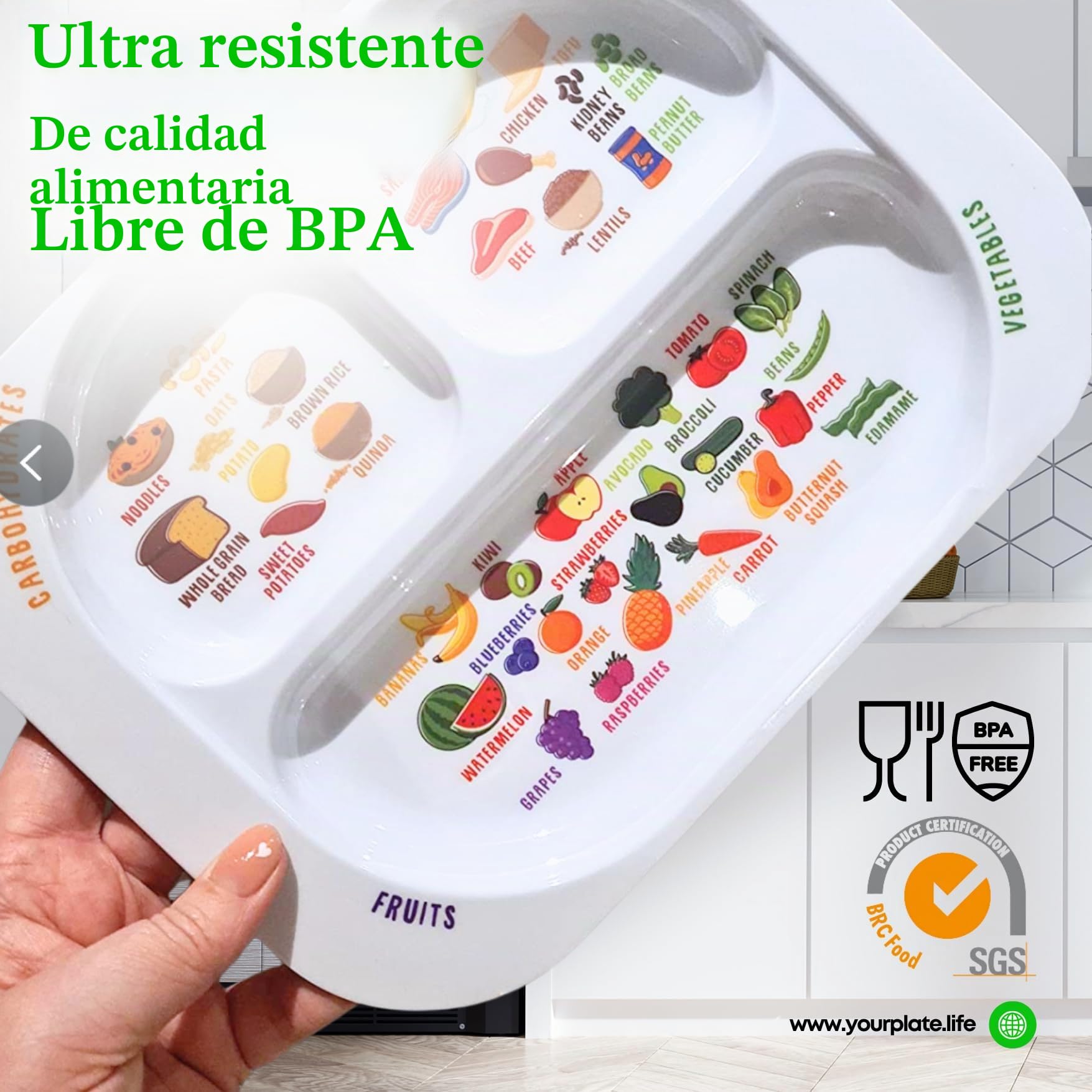 j&m Plato dividido de aprendizaje saludable para niños (4) | Aprenda Nutrición y Grupos de Alimentos | Secciones de colores para los más caprichosos | Melamina apta para niños, apta para lavavajillas