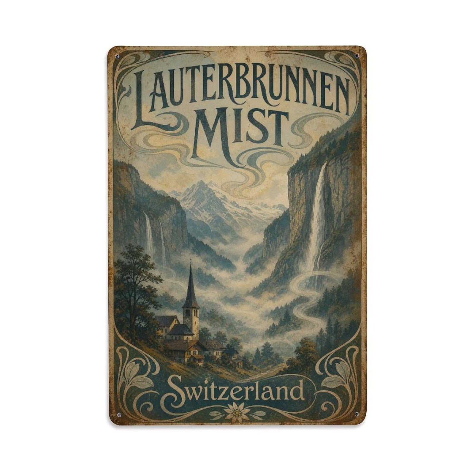 Gead 8X12inch Style Vintage Travel Lauterbrunnen Switzerland Mist Metal Tin Sign