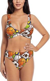 Women's Two Piece Bikini Set - Mid Rise Bathing Suit, Football Basketball Baseball Soccer Sport Swimsuit