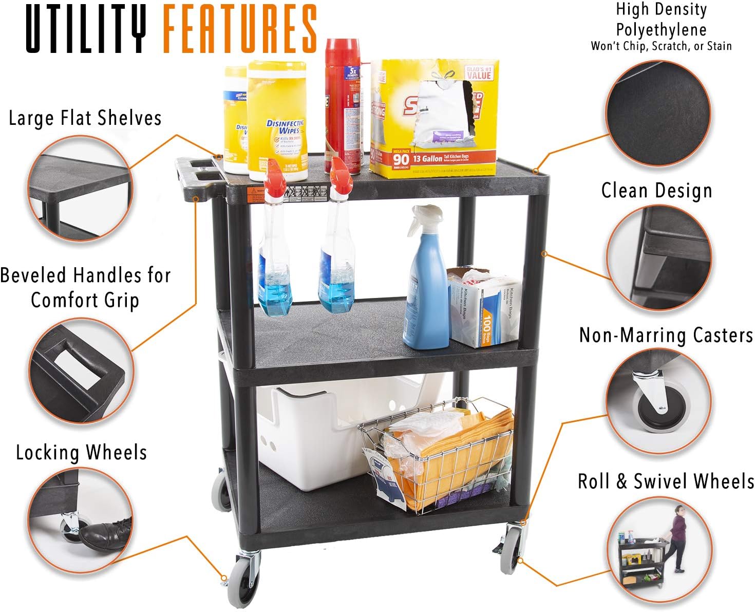 Stand Steady Tubstr 3 Flat Shelf Printer Cart, Compact and Heavy-Duty Utility Storage - Supports up to 300 lbs, Great for Home, Office, Warehouse, 28 x 18 in Tool Table, Moves Cargo Easily (Black)