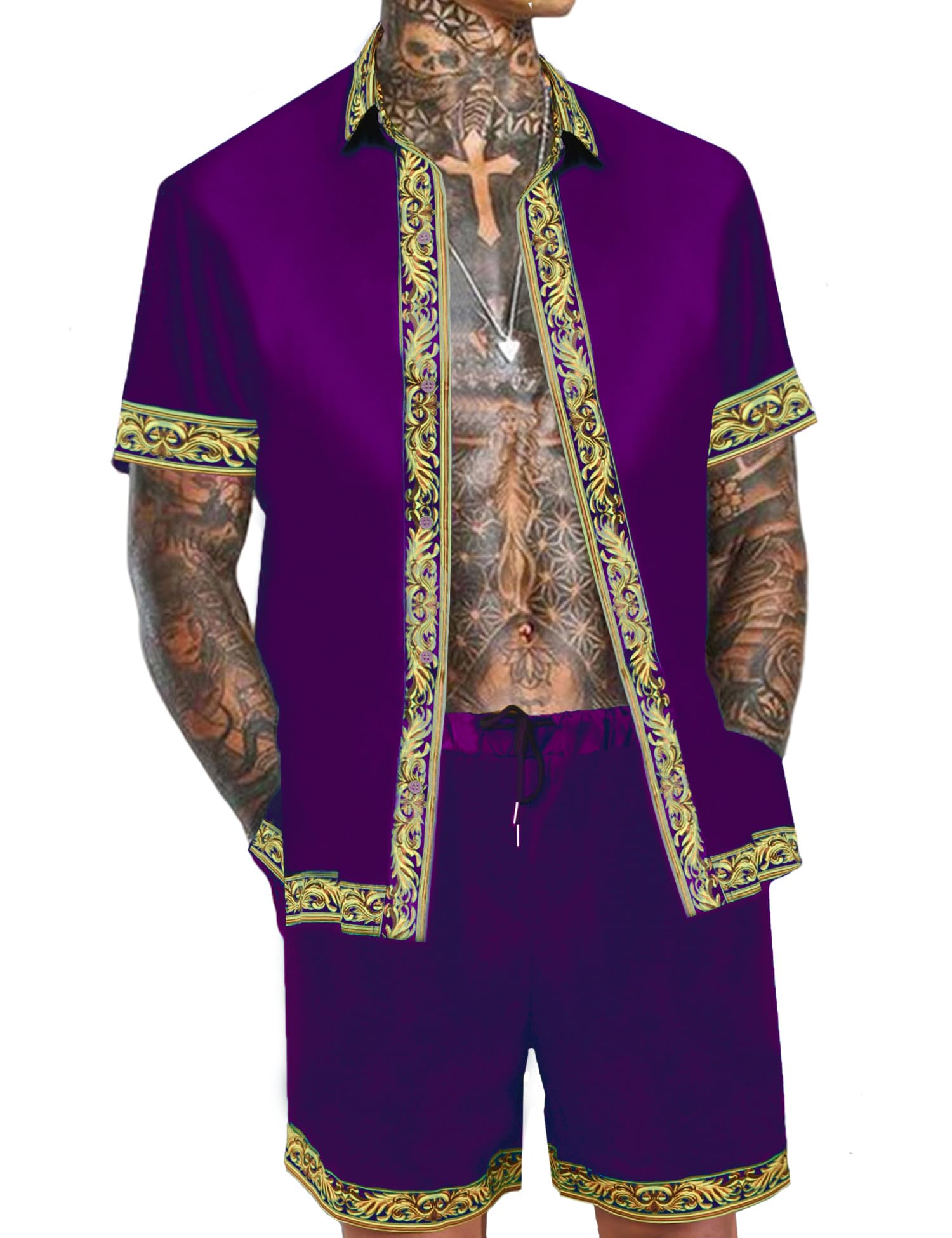 OYOZONEMen's Hawaiian Shirt and Short Set 2 Piece Outfits Luxury Printed Casual Button Down Short Sleeve Satin Shirt Suits