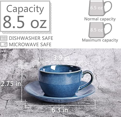 Miniatura 2 de Bosmarlin Taza de café con platillo para café con leche, capuchino, té, 8.5 onzas, apta para lavavajillas y microondas, esmalte reactivo, 1 unidad